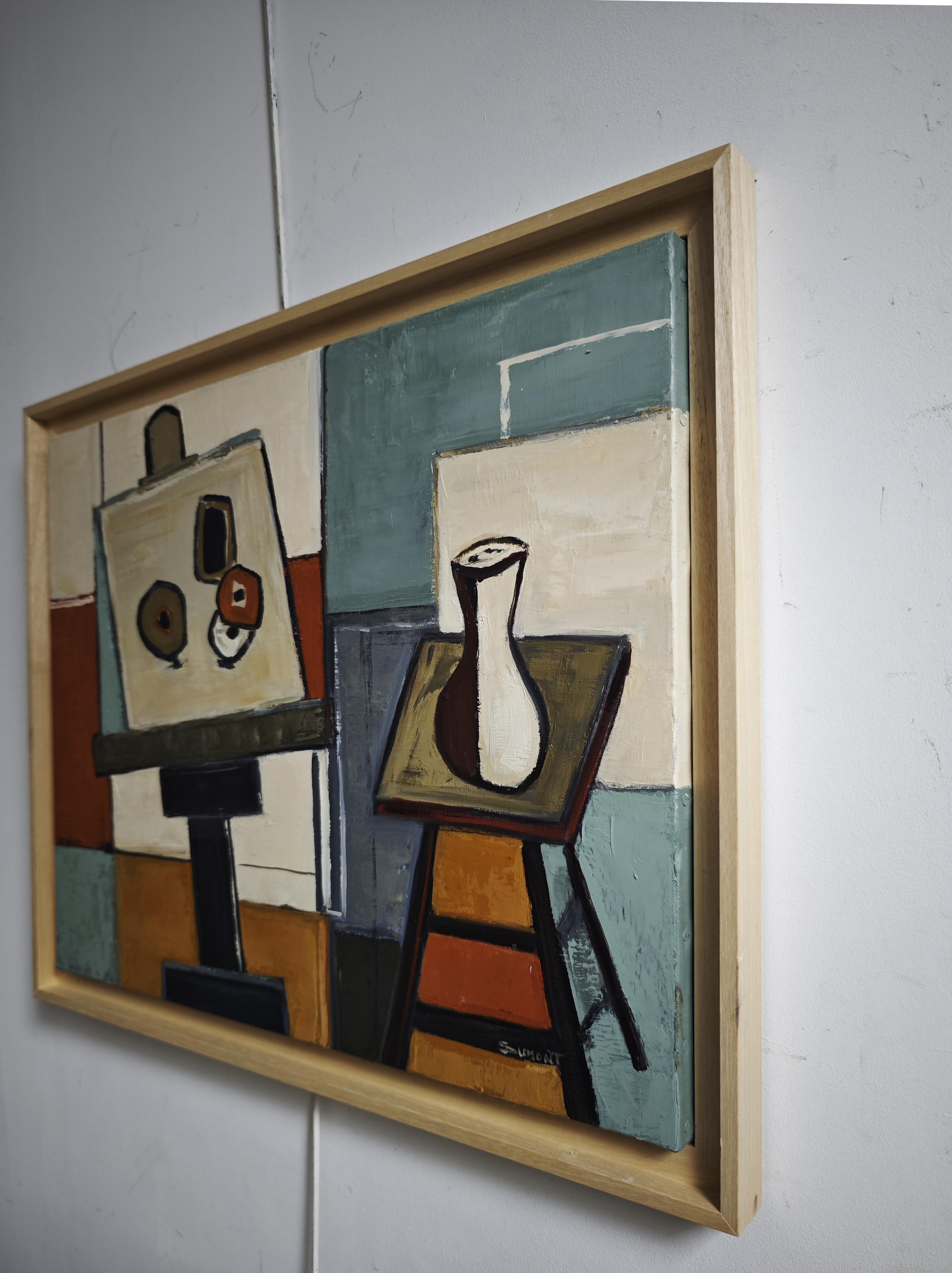Pintura al óleo postcubista del interior del Studio A de Sophie Dumont en venta 1
