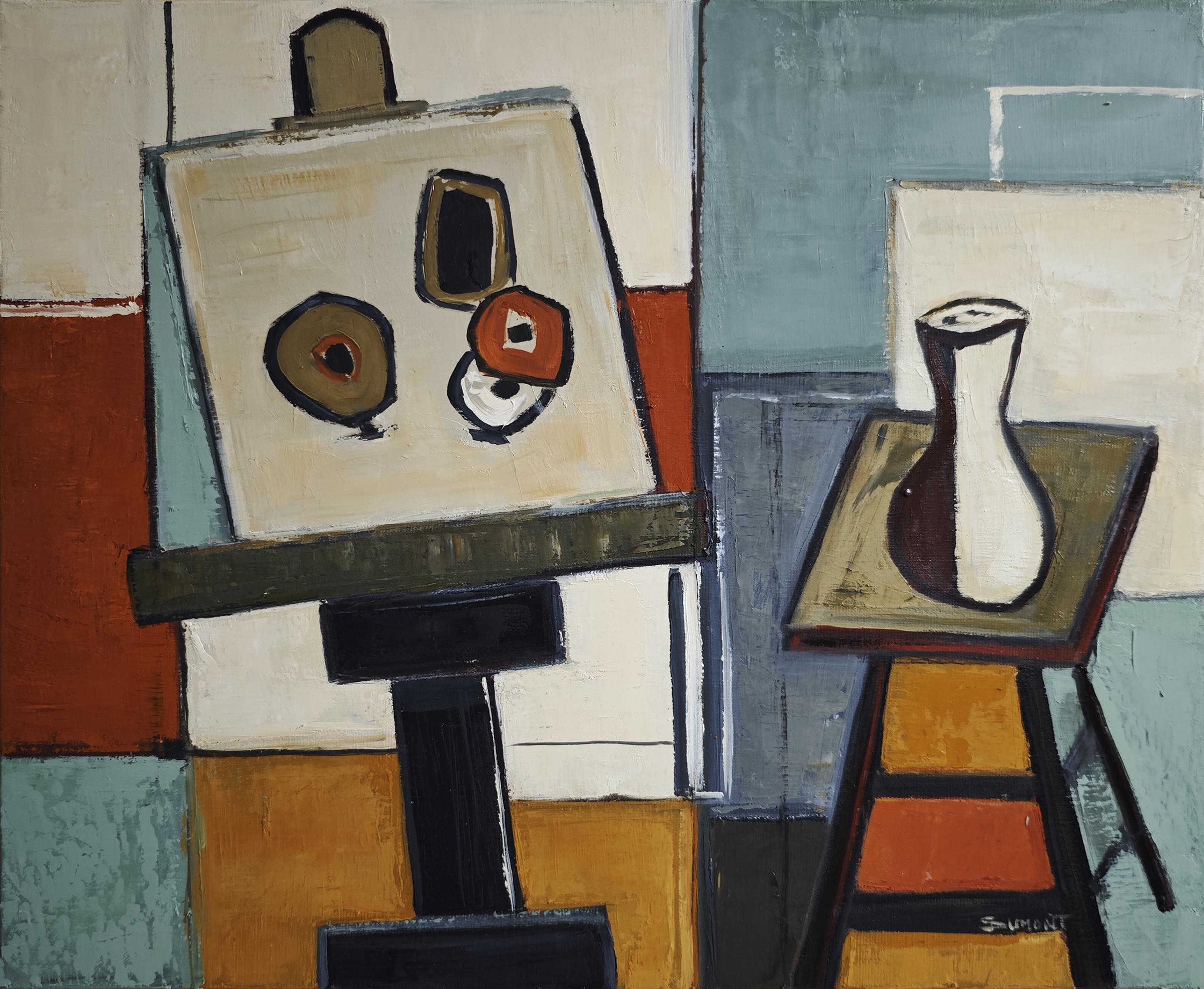 Pintura al óleo postcubista del interior del Studio A de Sophie Dumont en venta 2