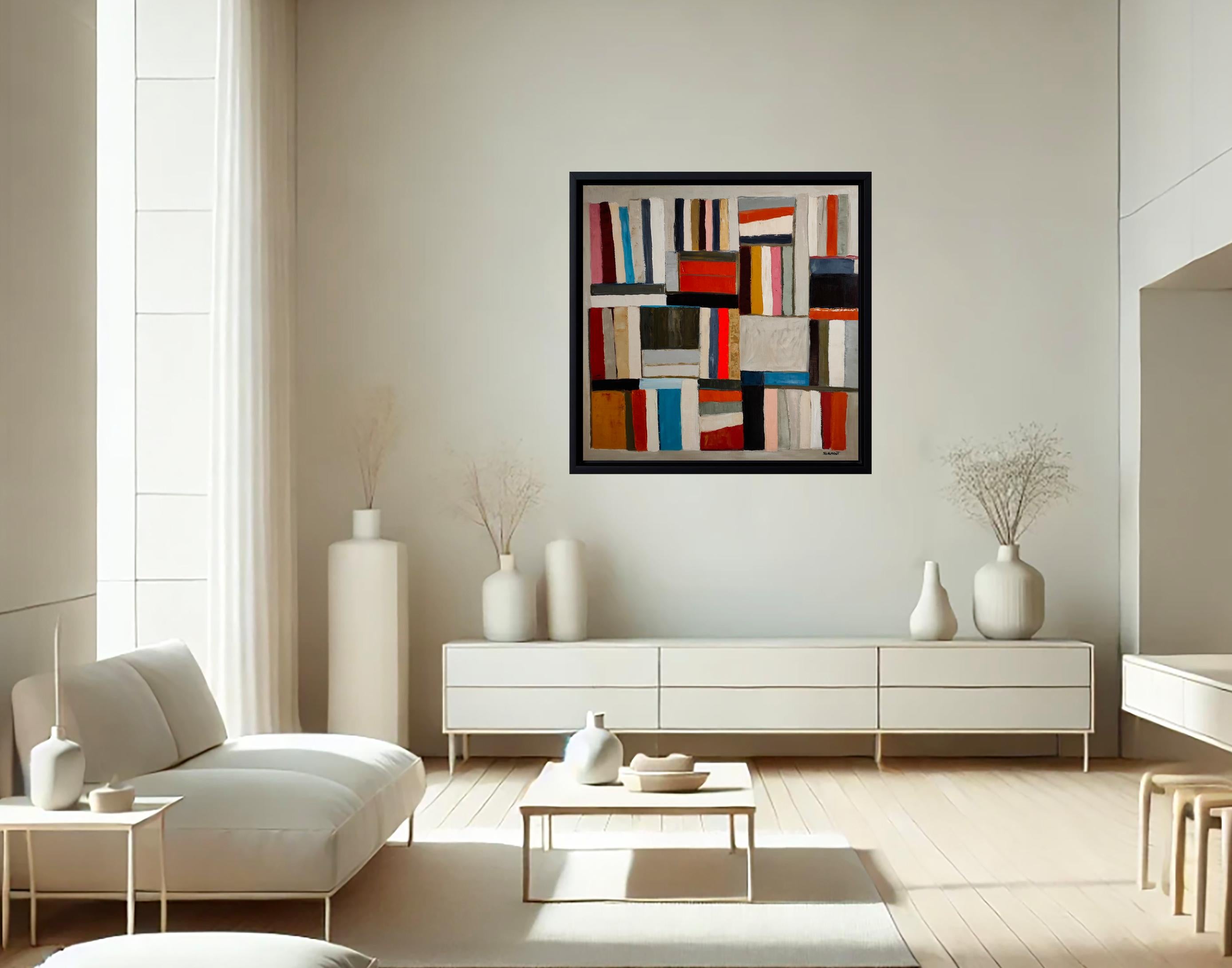 Promenade litteraire - Abstrakter Minimalismus, Texturiertes Ölgemälde, Bibliothek – Painting von SOPHIE DUMONT