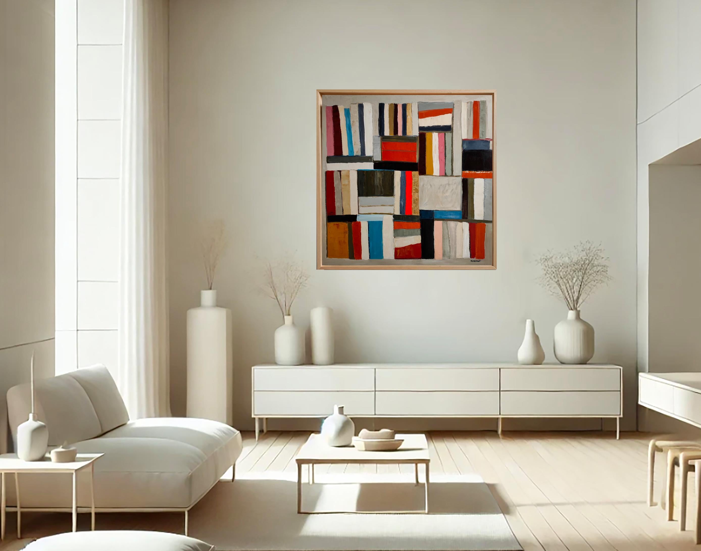 Promenade litteraire - Abstrakter Minimalismus, Texturiertes Ölgemälde, Bibliothek (Geometrische Abstraktion), Painting, von SOPHIE DUMONT