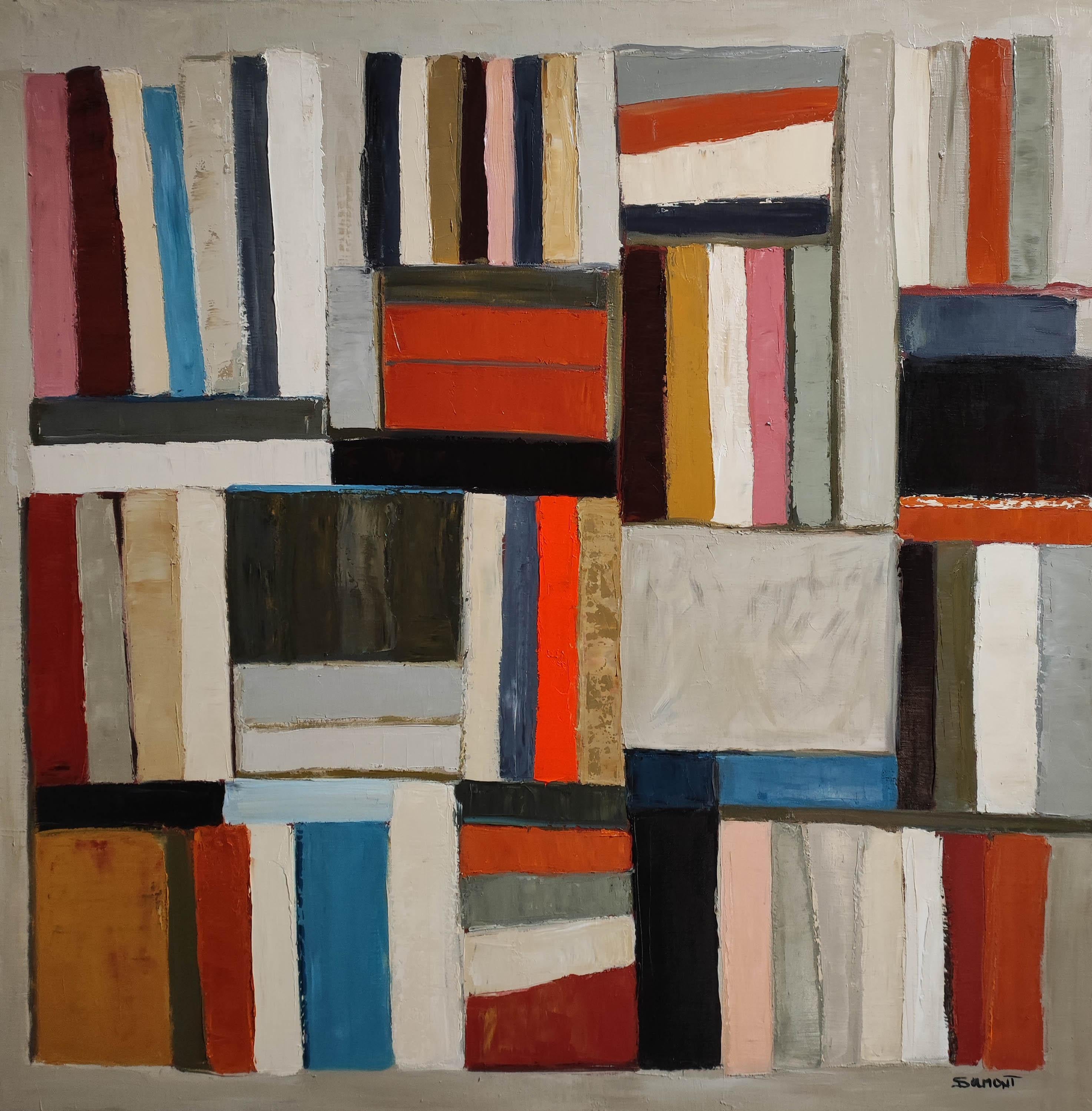 Promenade litteraire - Abstrakter Minimalismus, Texturiertes Ölgemälde, Bibliothek (Braun), Abstract Painting, von SOPHIE DUMONT