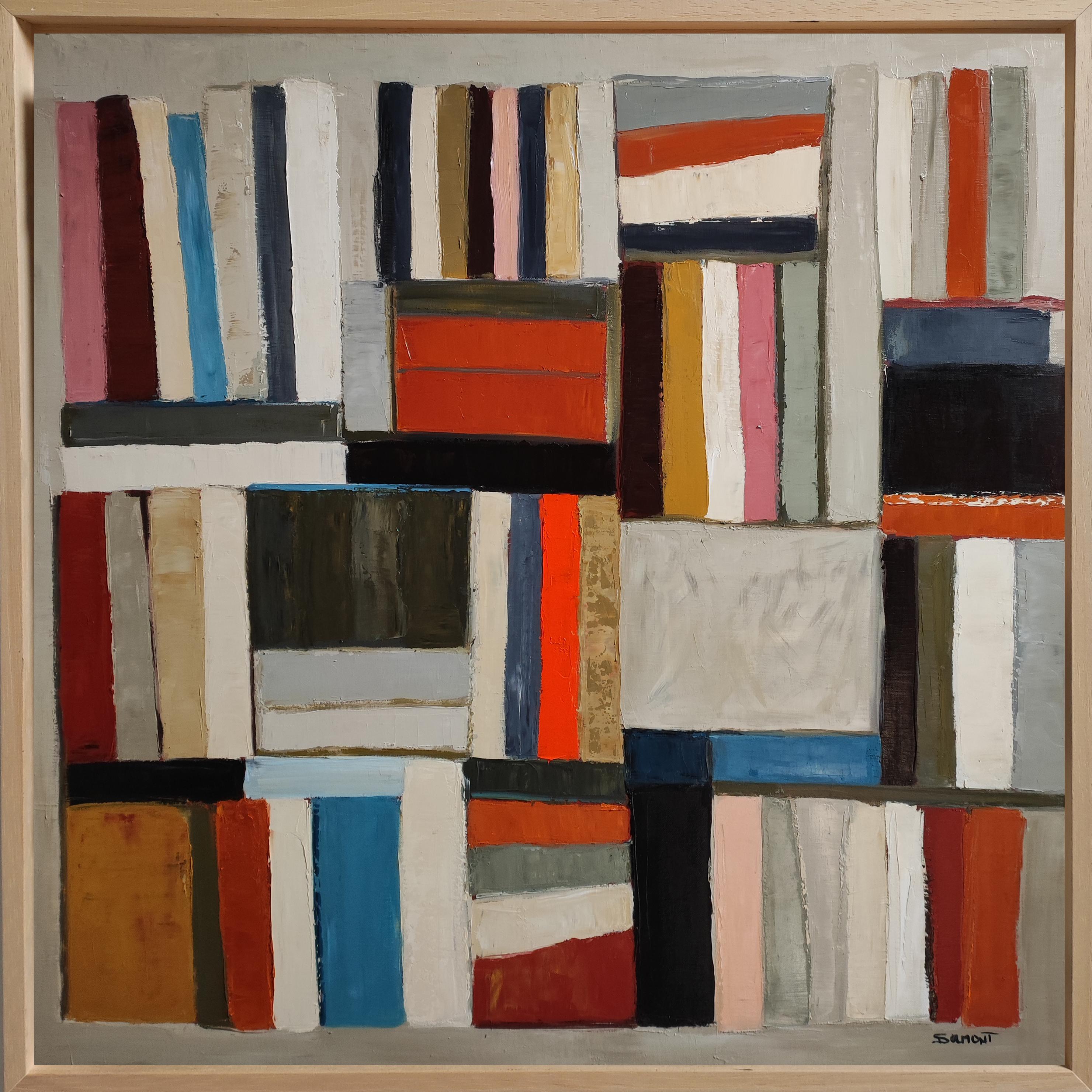 Promenade littéraire - Minimalisme abstrait, peinture à l'huile texturée, bibliothèque - Painting de SOPHIE DUMONT