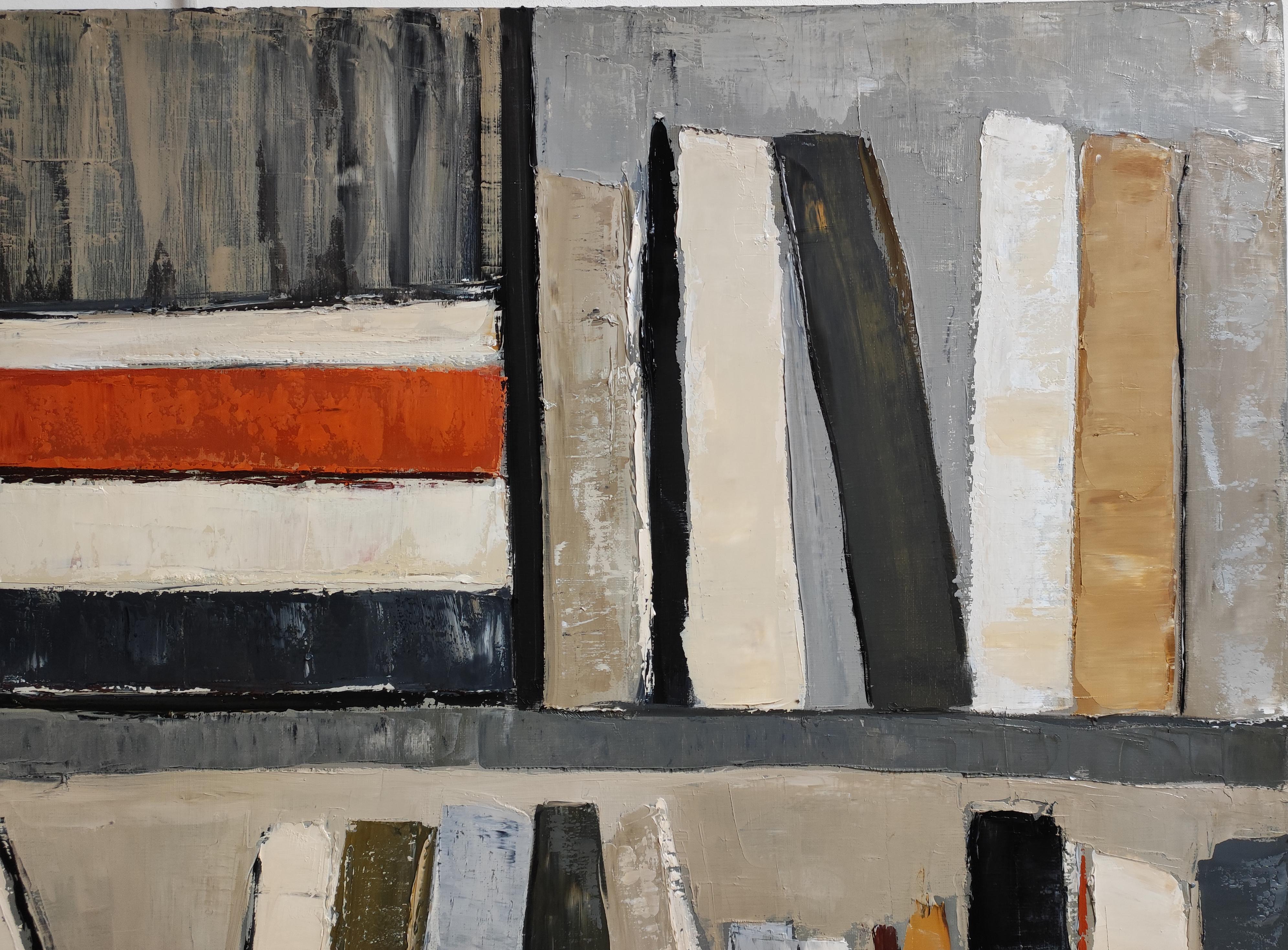 Inseguimento del pensiero - Minimalismo astratto, pittura a olio strutturata, serie Biblioteca in vendita 1