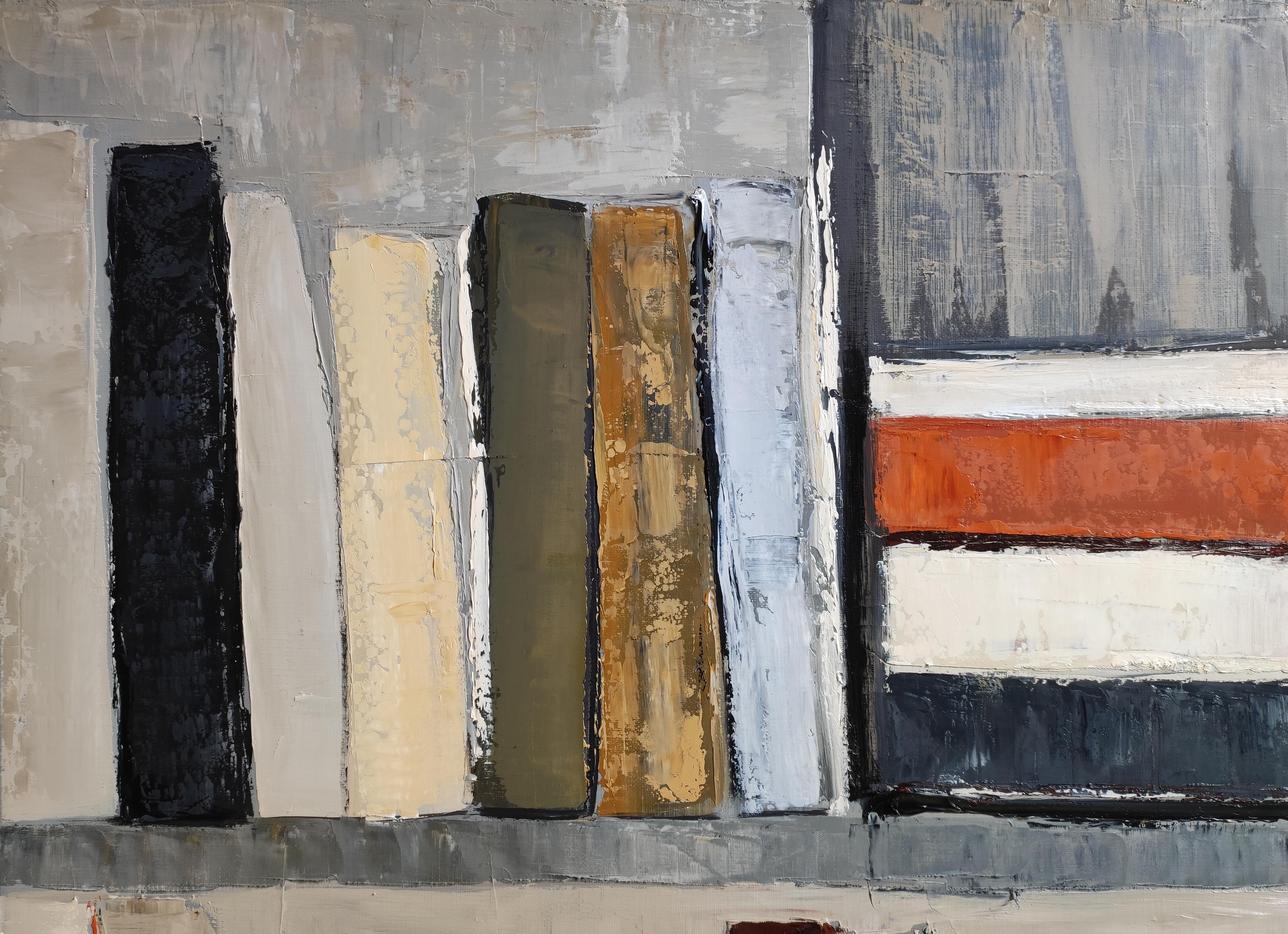 Inseguimento del pensiero - Minimalismo astratto, pittura a olio strutturata, serie Biblioteca in vendita 3