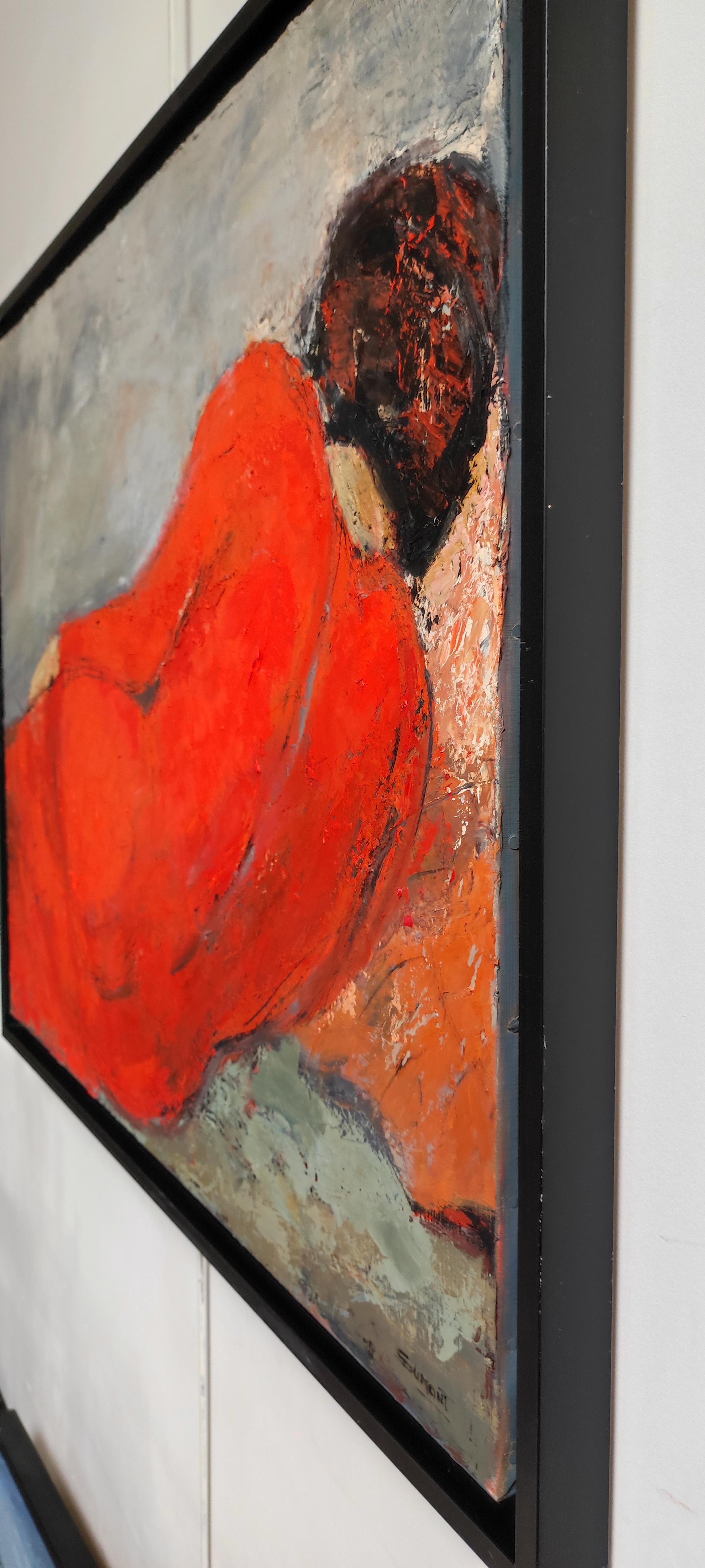 quietude, woman with red dress, oil, , figurative, contempory expressionism For Sale 2