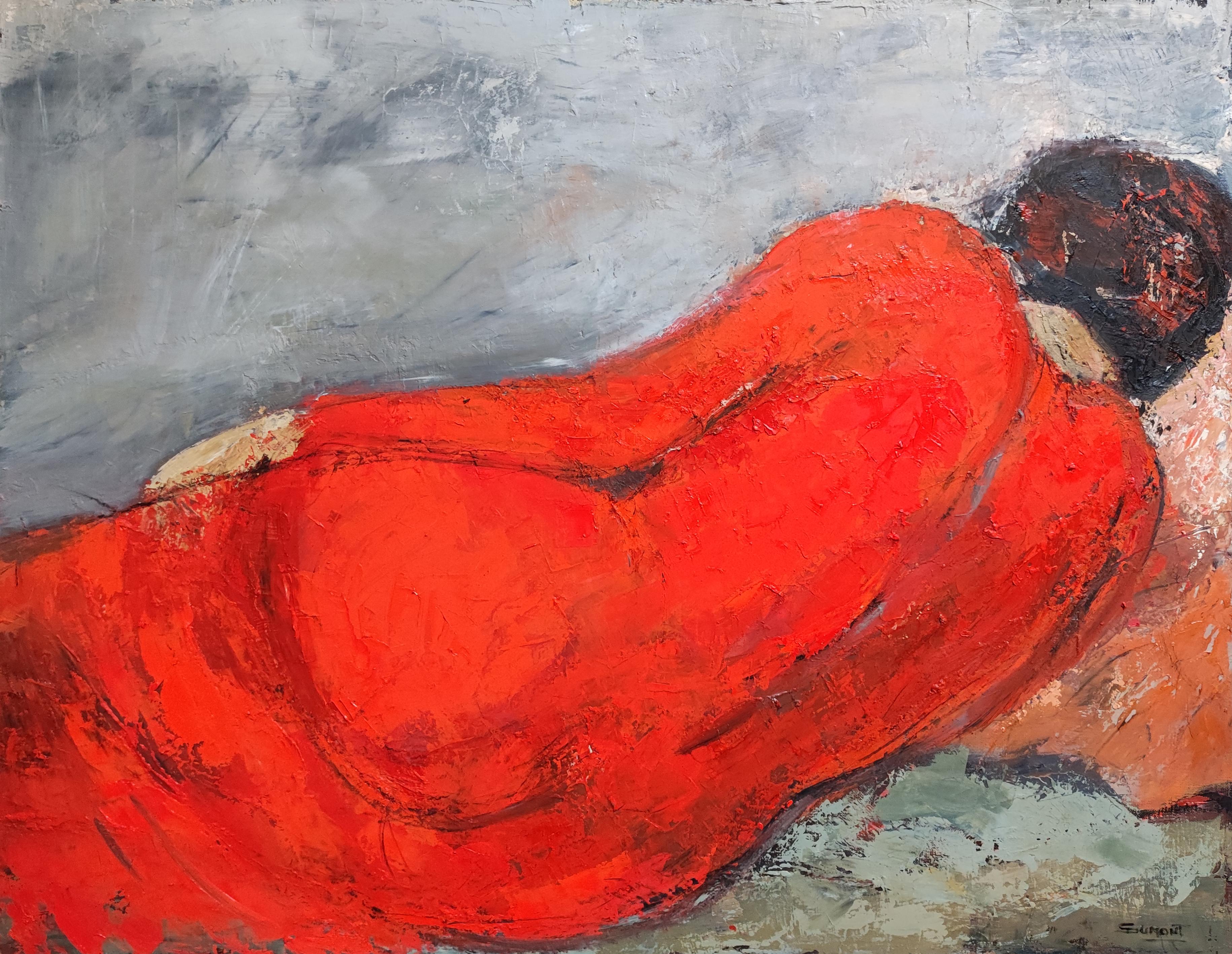 quietude, woman with red dress, oil, , figurative, contemporary expressionism - Painting by SOPHIE DUMONT