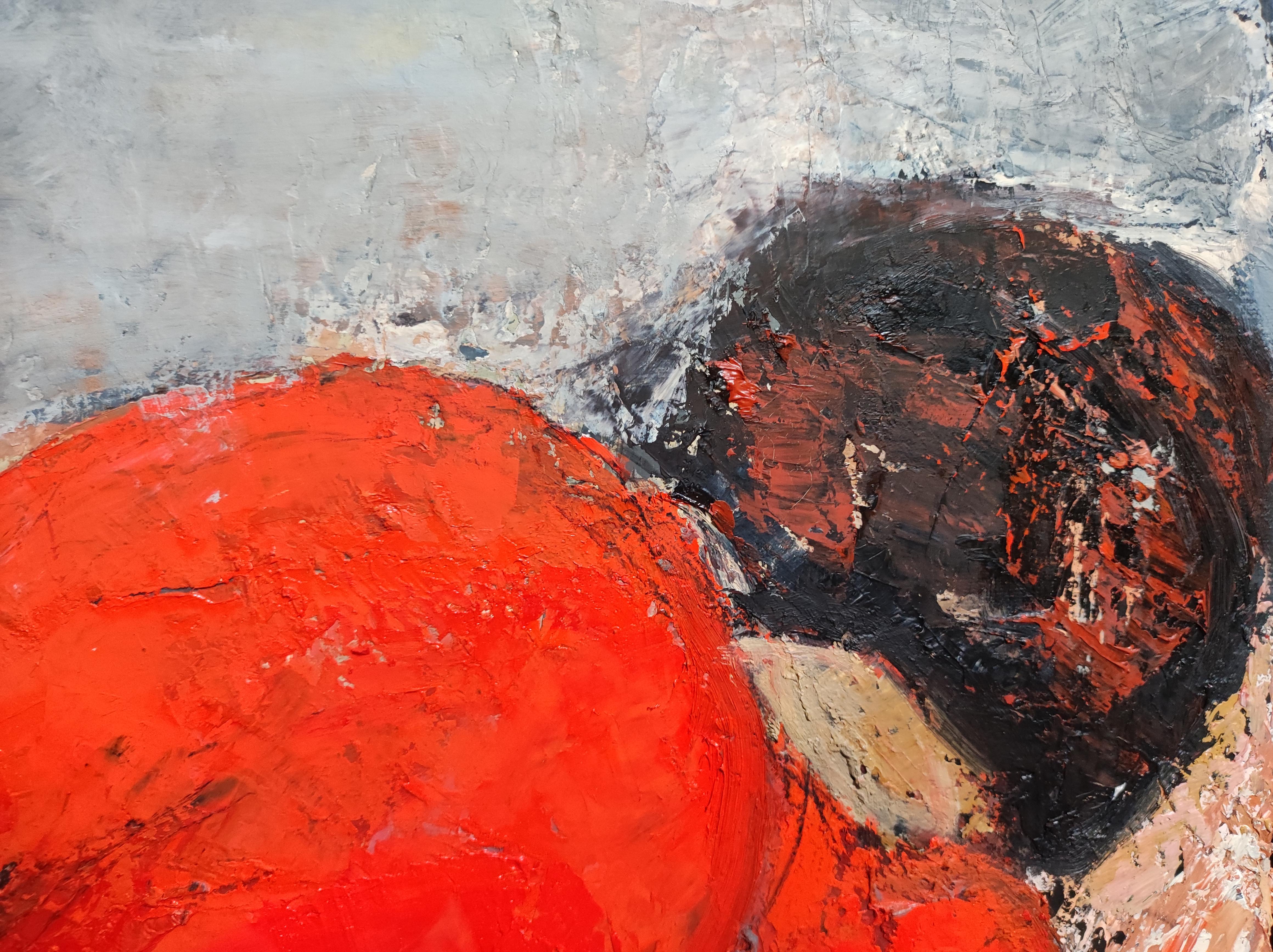 Das Ölgemälde von Sophie Dumont fesselt den Betrachter mit der kühnen Darstellung einer liegenden Frau, die von hinten gesehen in ein hypnotisierendes rotes Kleid gehüllt ist. Der charakteristische Stil des Künstlers, der sich durch runde und