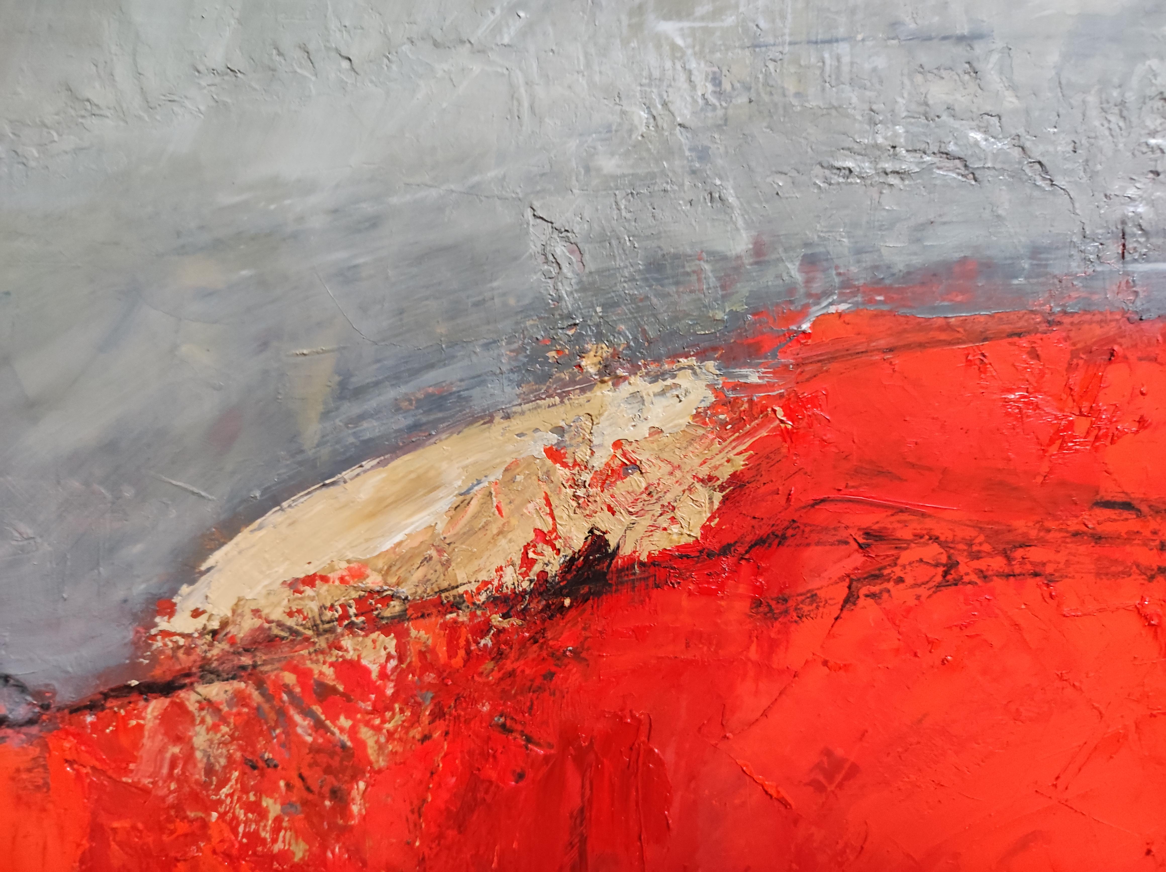 quietude, woman with red dress, oil, , figurative, contemporary expressionism - Red Figurative Painting by SOPHIE DUMONT
