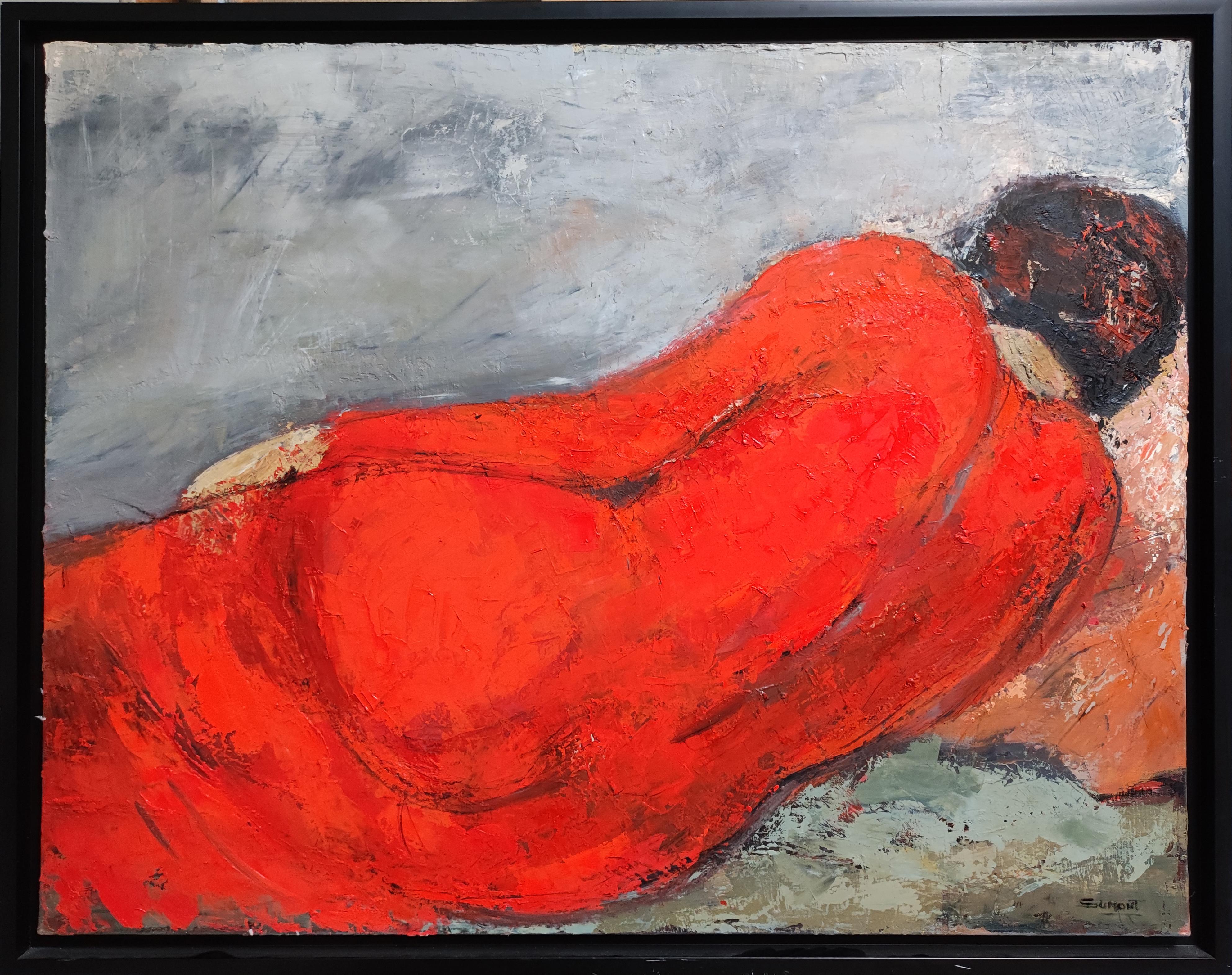 SOPHIE DUMONT Figurative Painting - quietude, woman with red dress, oil, , figurative, contemporary expressionism