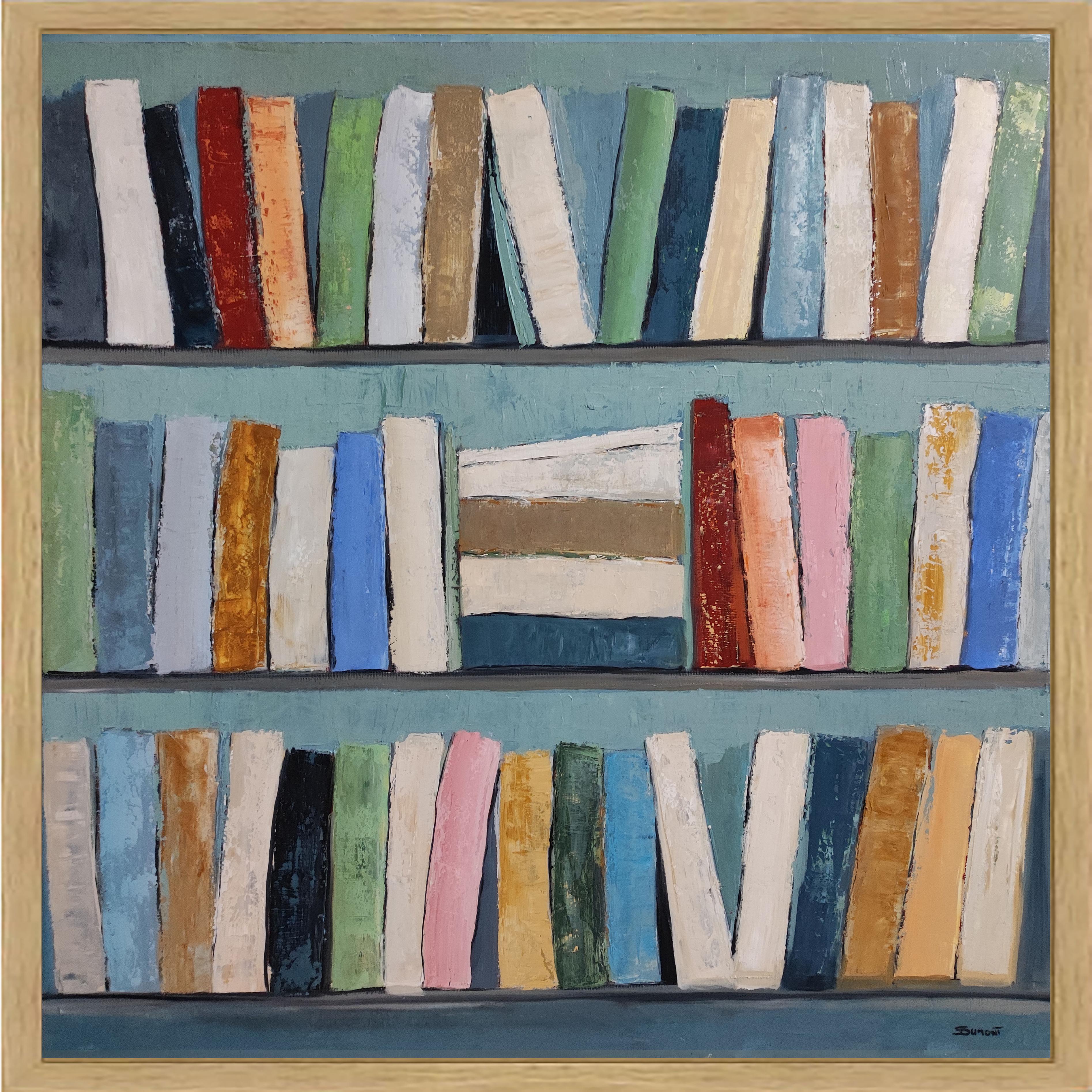 reading, abstract geometric still life, books, library, oil on canvas, modern - Painting by SOPHIE DUMONT