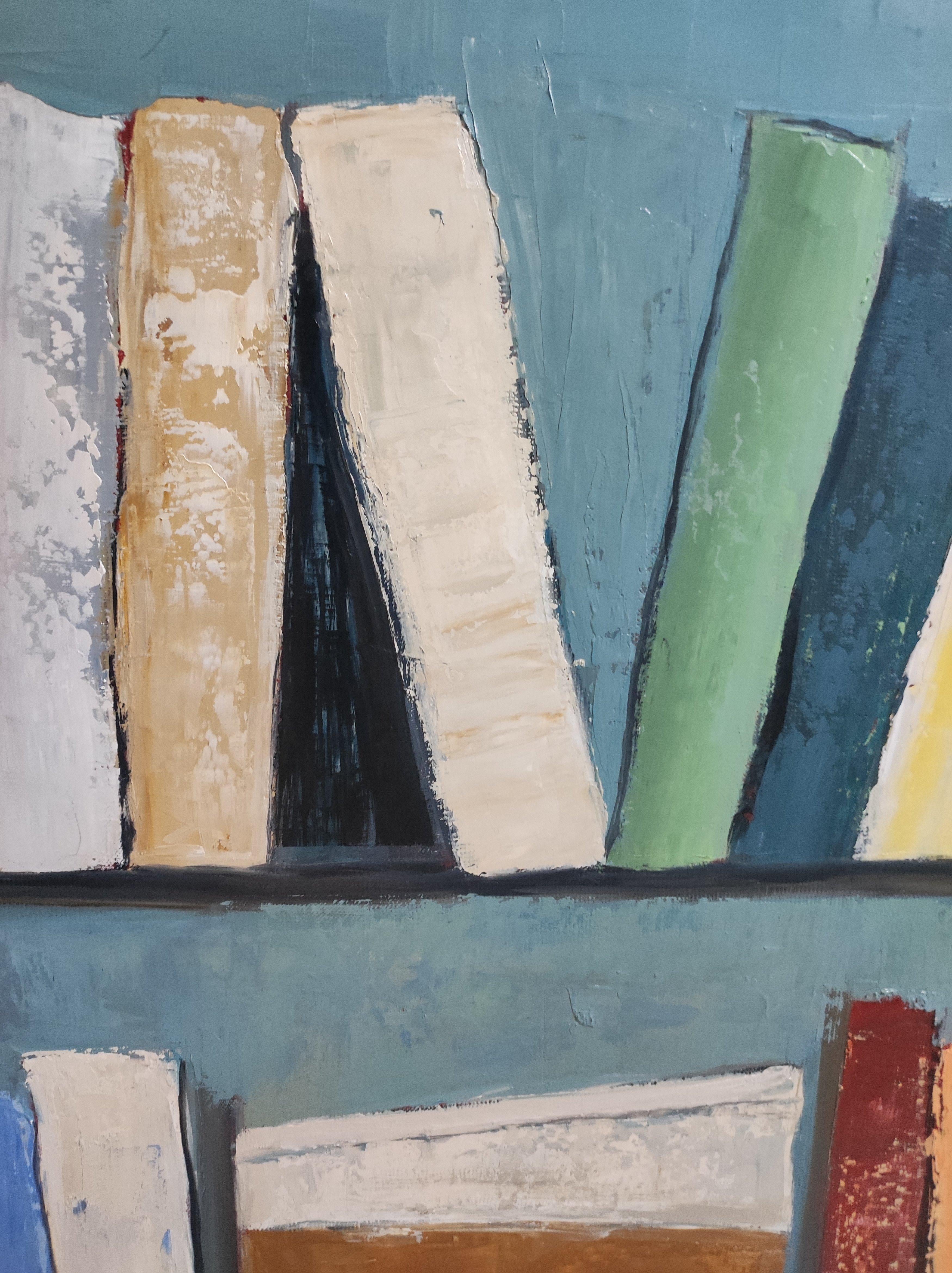 reading, abstract geometric still life, books, library, oil on canvas, modern For Sale 1