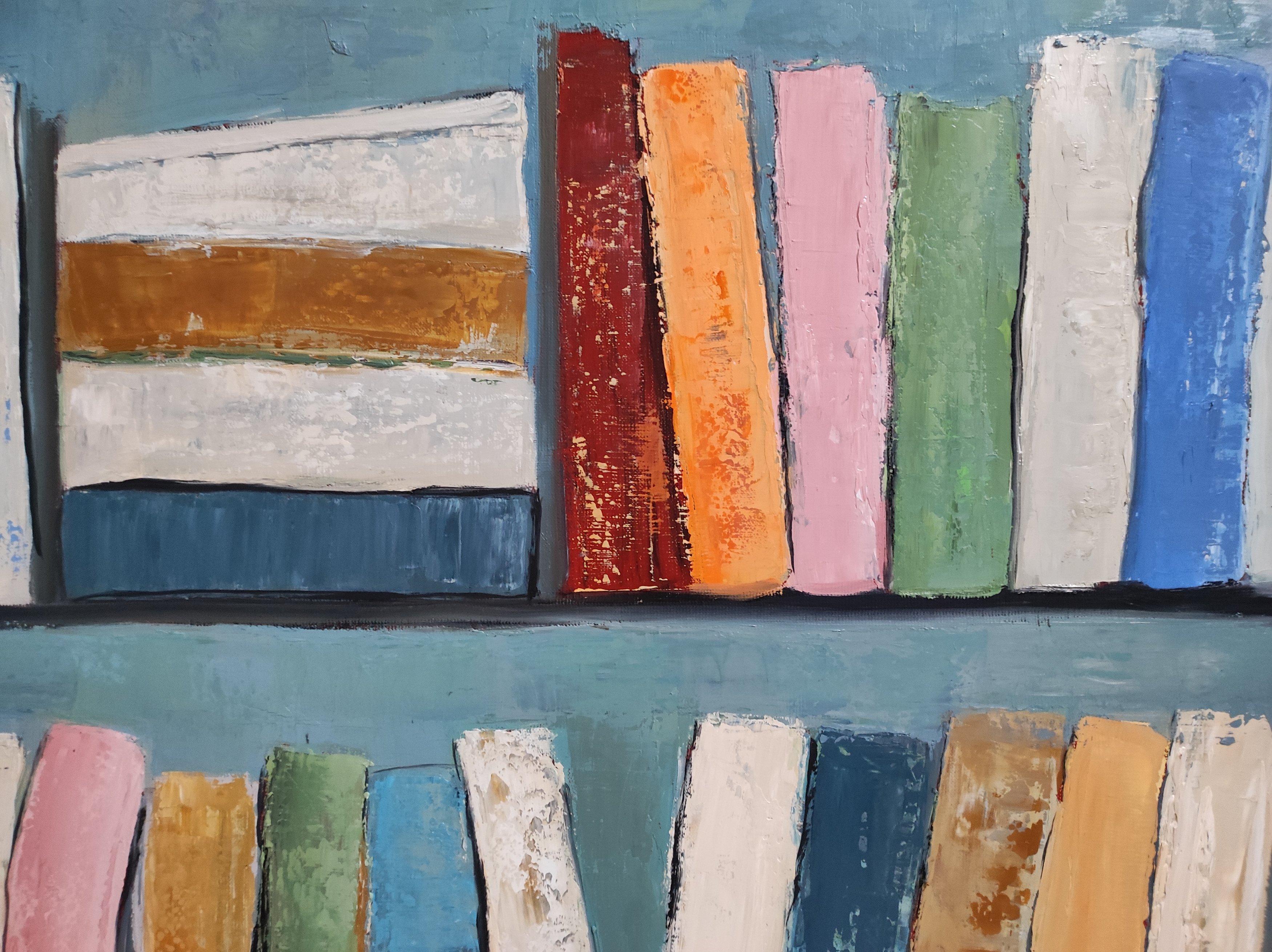 reading, abstract geometric still life, books, library, oil on canvas, modern For Sale 2