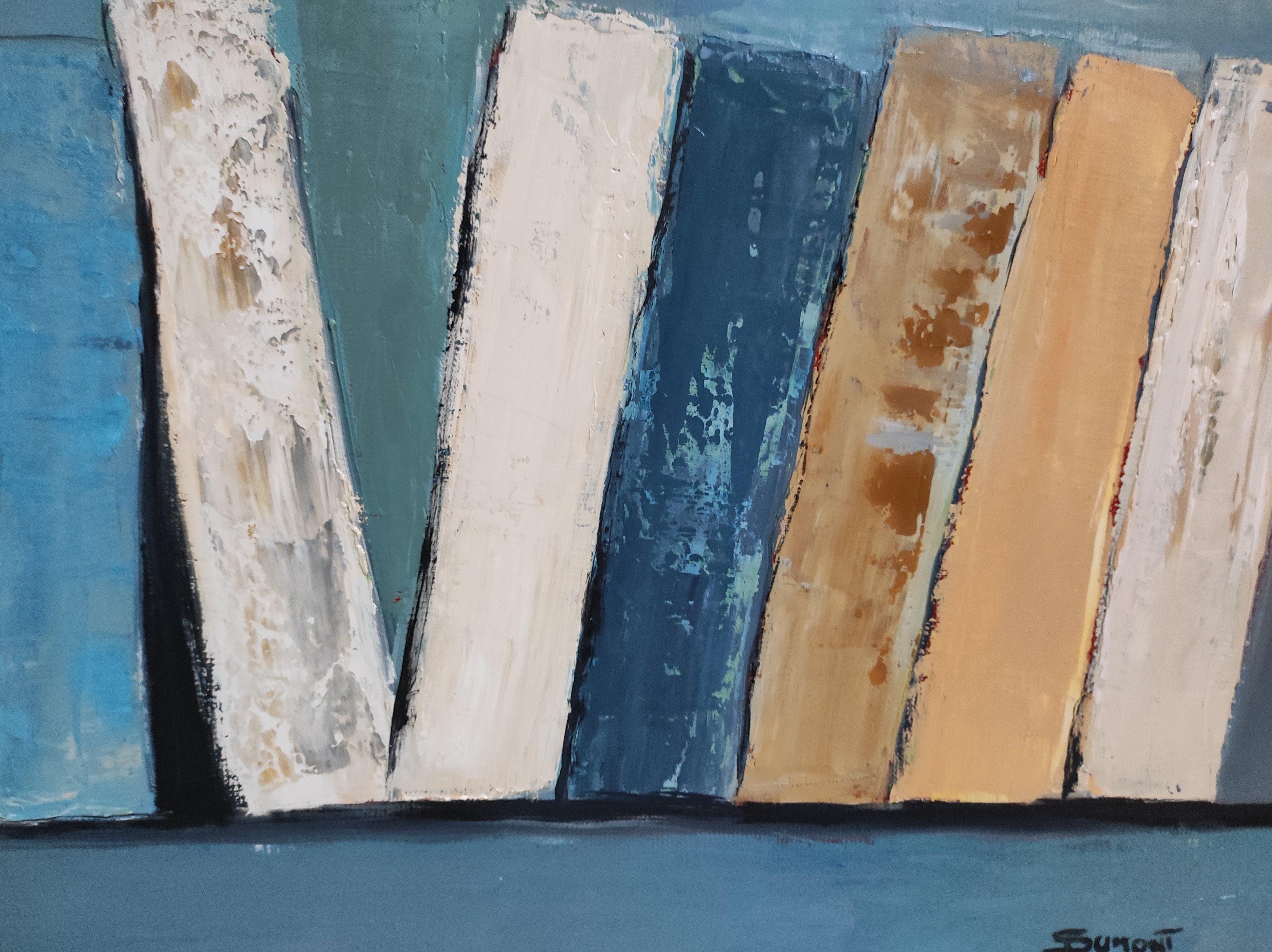 reading, abstract geometric still life, books, library, oil on canvas, modern For Sale 3