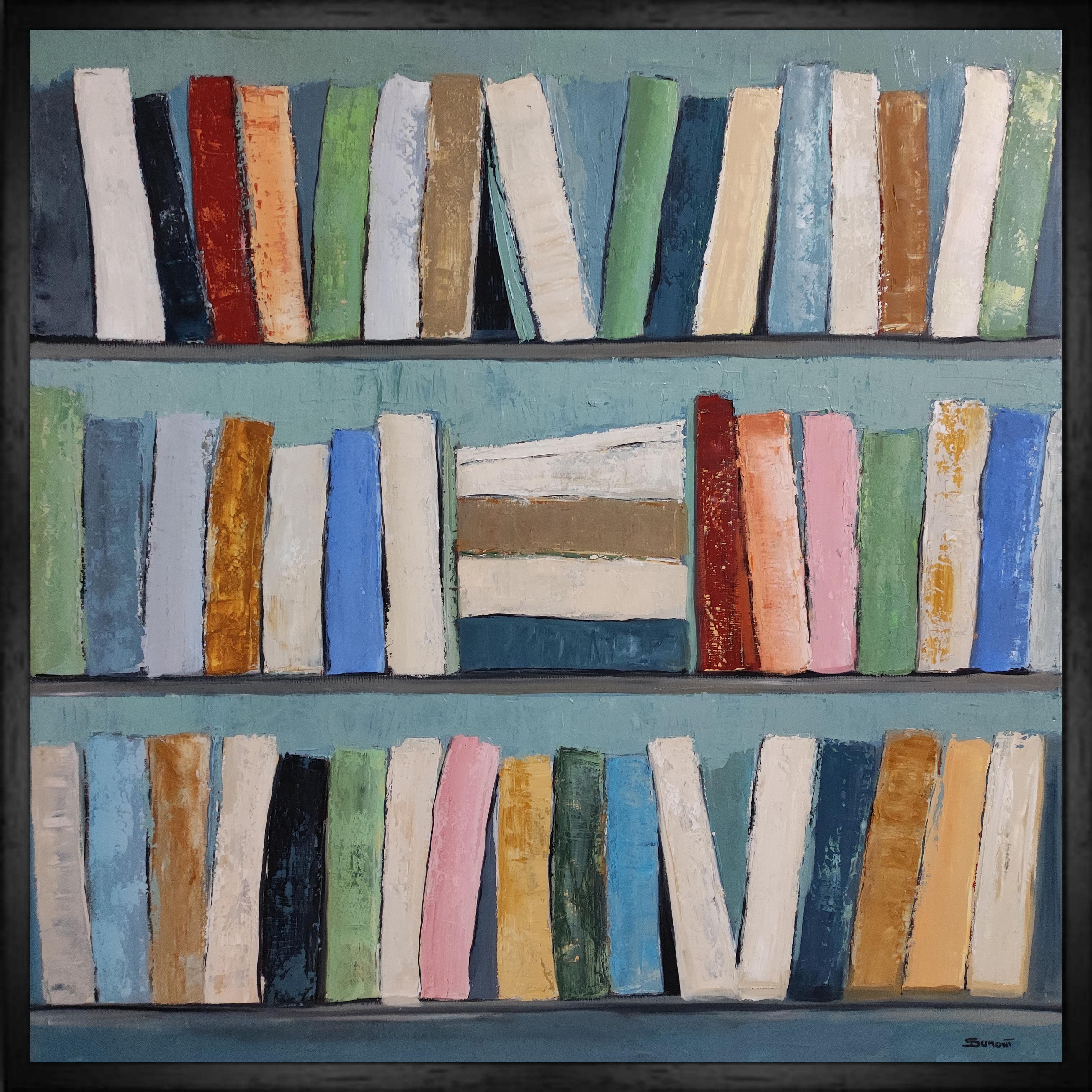 SOPHIE DUMONT Still-Life Painting - reading, abstract geometric still life, books, library, oil on canvas, modern