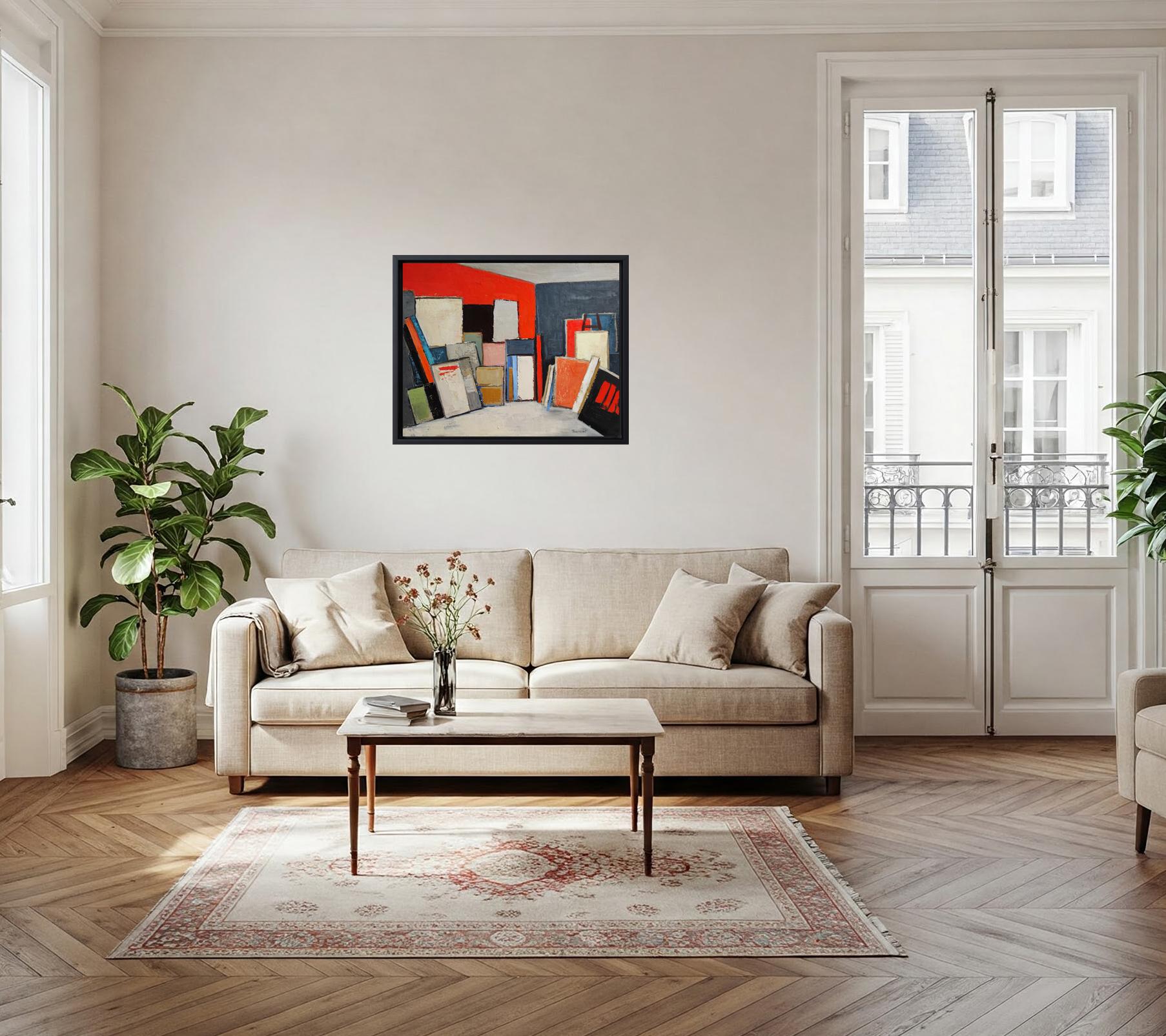 Red studio 16, abstract, geometric, oil on canvas,  large format, expressionism - Painting by SOPHIE DUMONT
