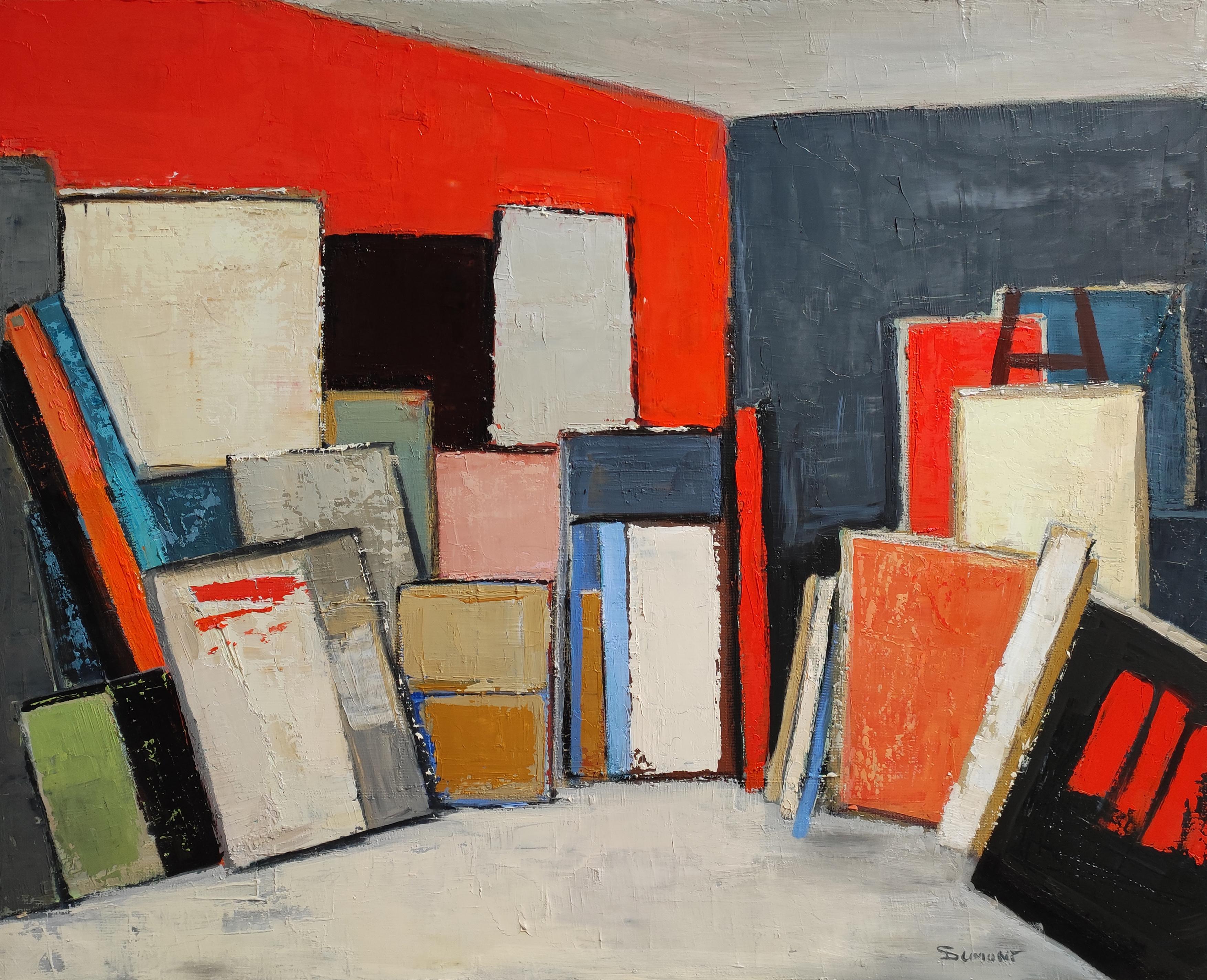 Red studio 16, abstract, geometric, oil on canvas,  large format, expressionism - Abstract Expressionist Painting by SOPHIE DUMONT
