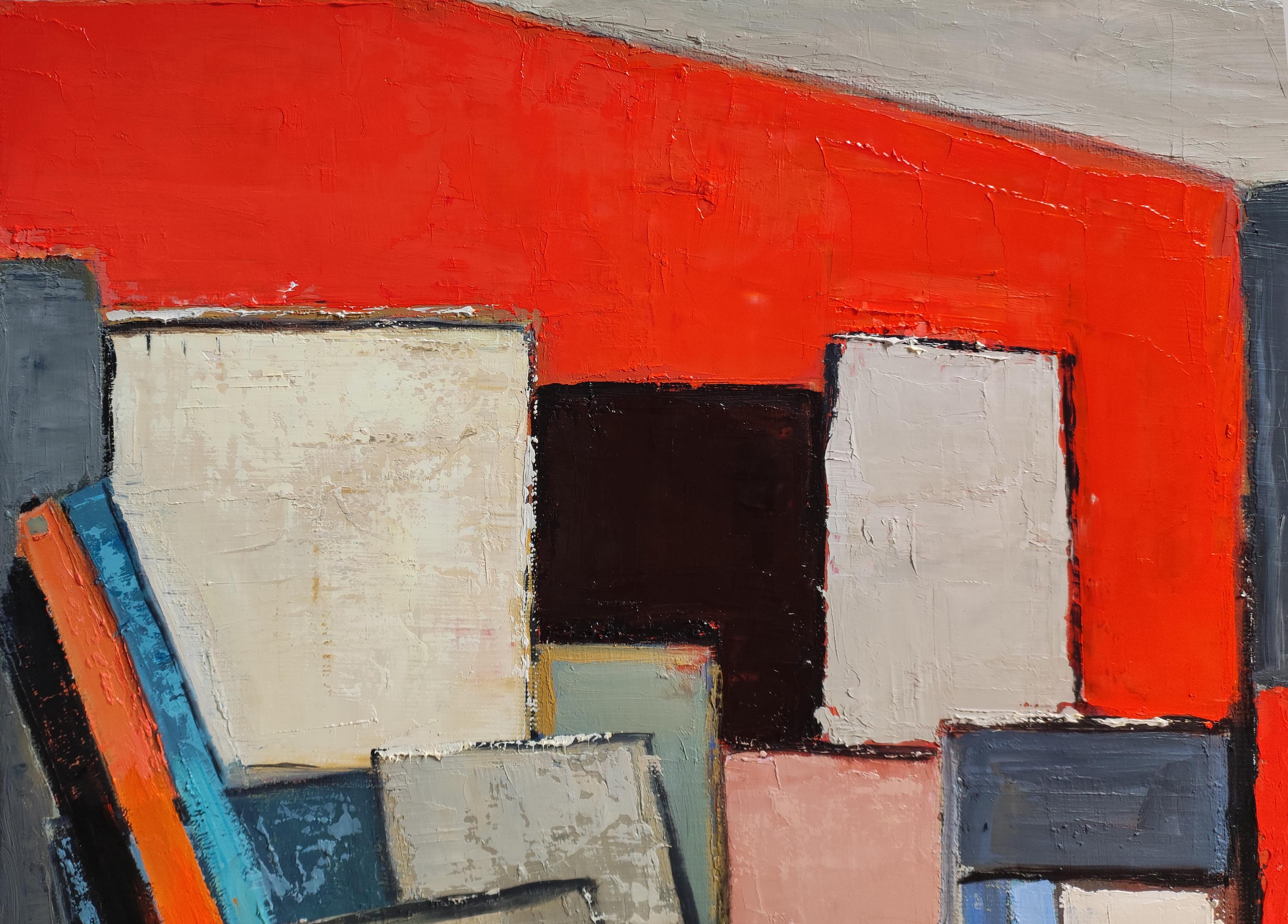 Red studio 16, abstract, geometric, oil on canvas,  large format, expressionism - Black Abstract Painting by SOPHIE DUMONT