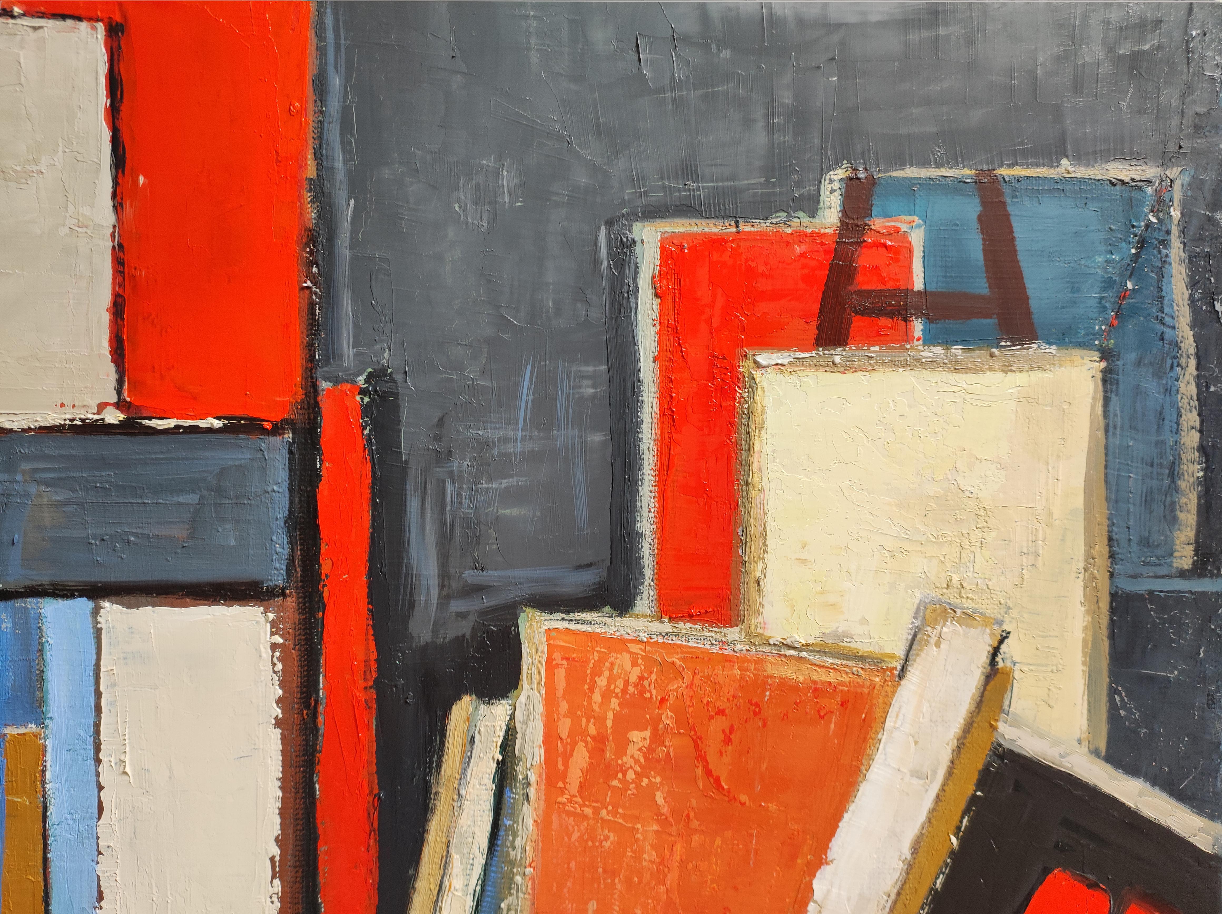 This painting is a captivating exploration of the artist's studio space, rendered in a bold, abstract style. The composition is dominated by an array of canvases, each in various stages of completion, leaning against the walls and each other. The