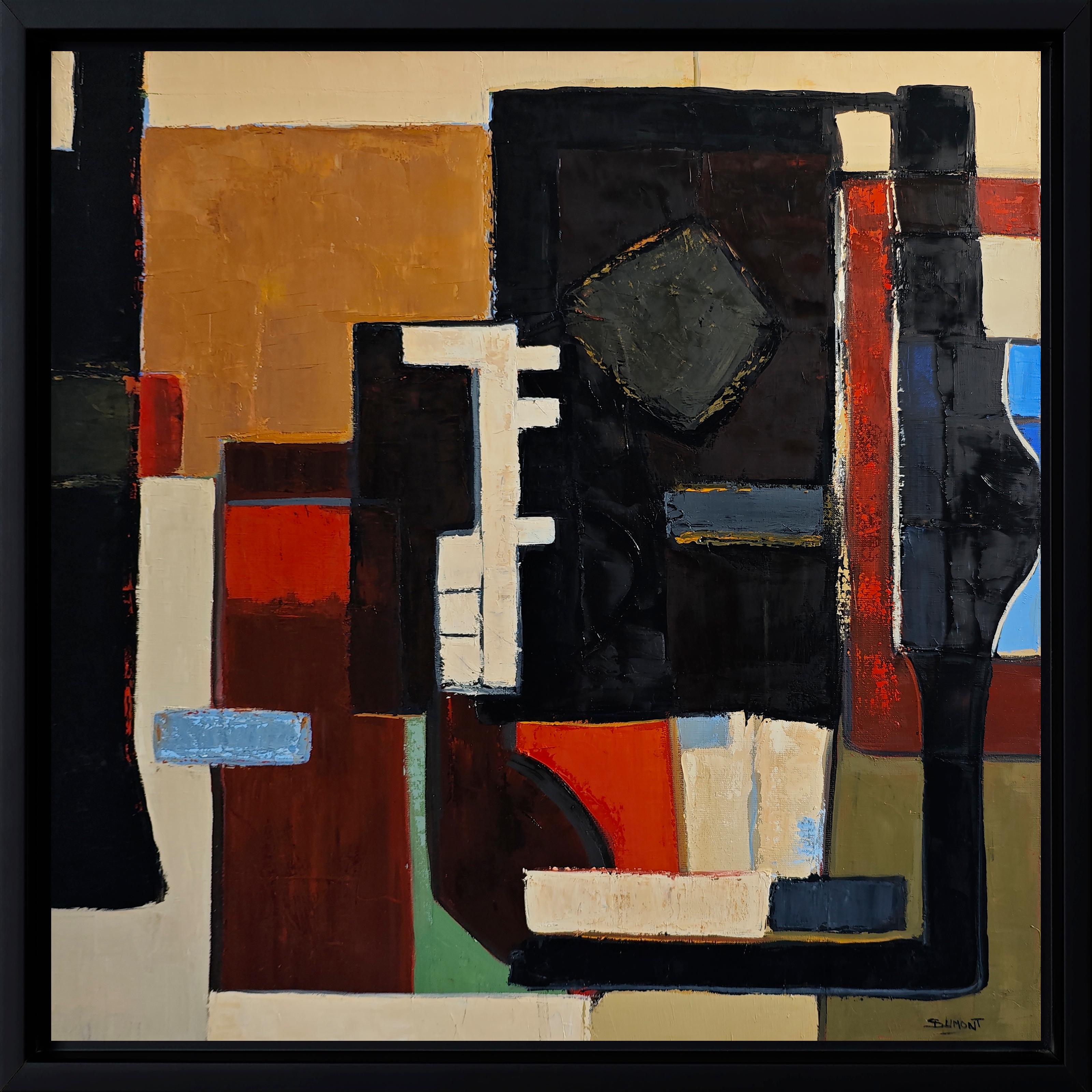 Resonance of Contrasts is a powerful abstract oil painting by French contemporary artist Sophie Dumont, known for her layered textures and architectural compositions.
This 80 × 80 cm canvas (87 × 87 cm framed) unfolds around a striking interplay of