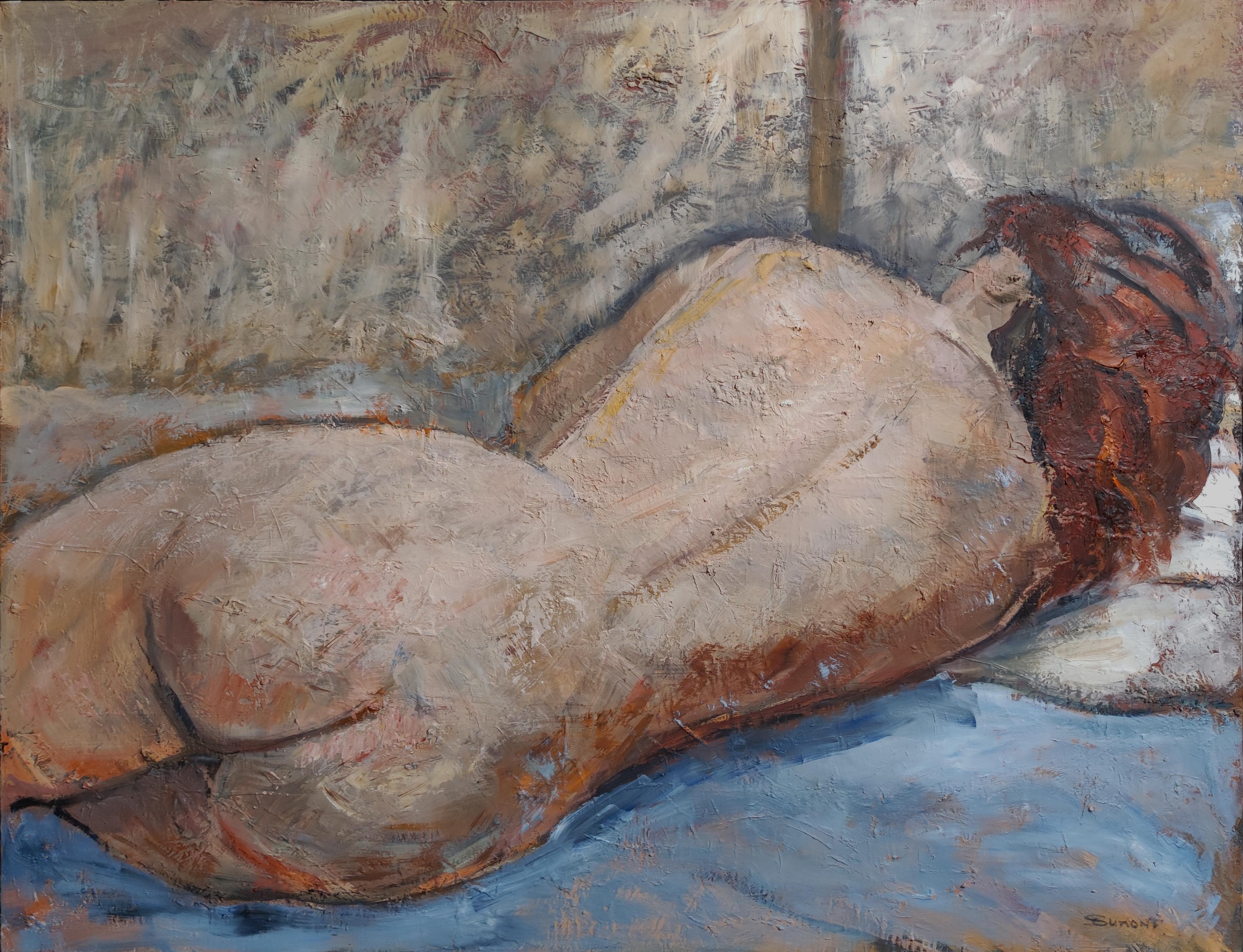 rêveries, woman  nude, oil, figurative, contempory expressionism, french artist - Painting by SOPHIE DUMONT