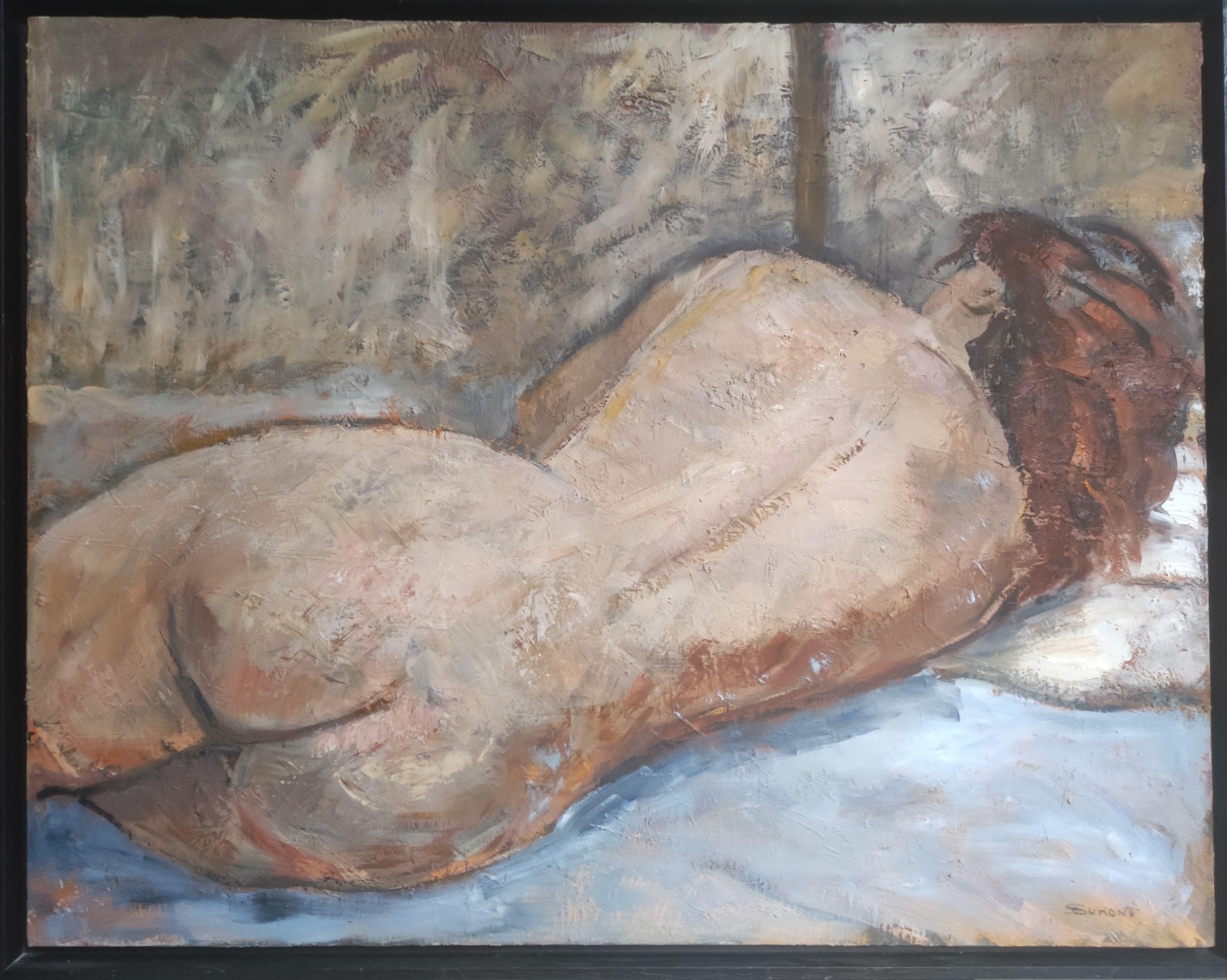 SOPHIE DUMONT Figurative Painting - rêveries, woman  nude, oil, figurative, contempory expressionism, french artist