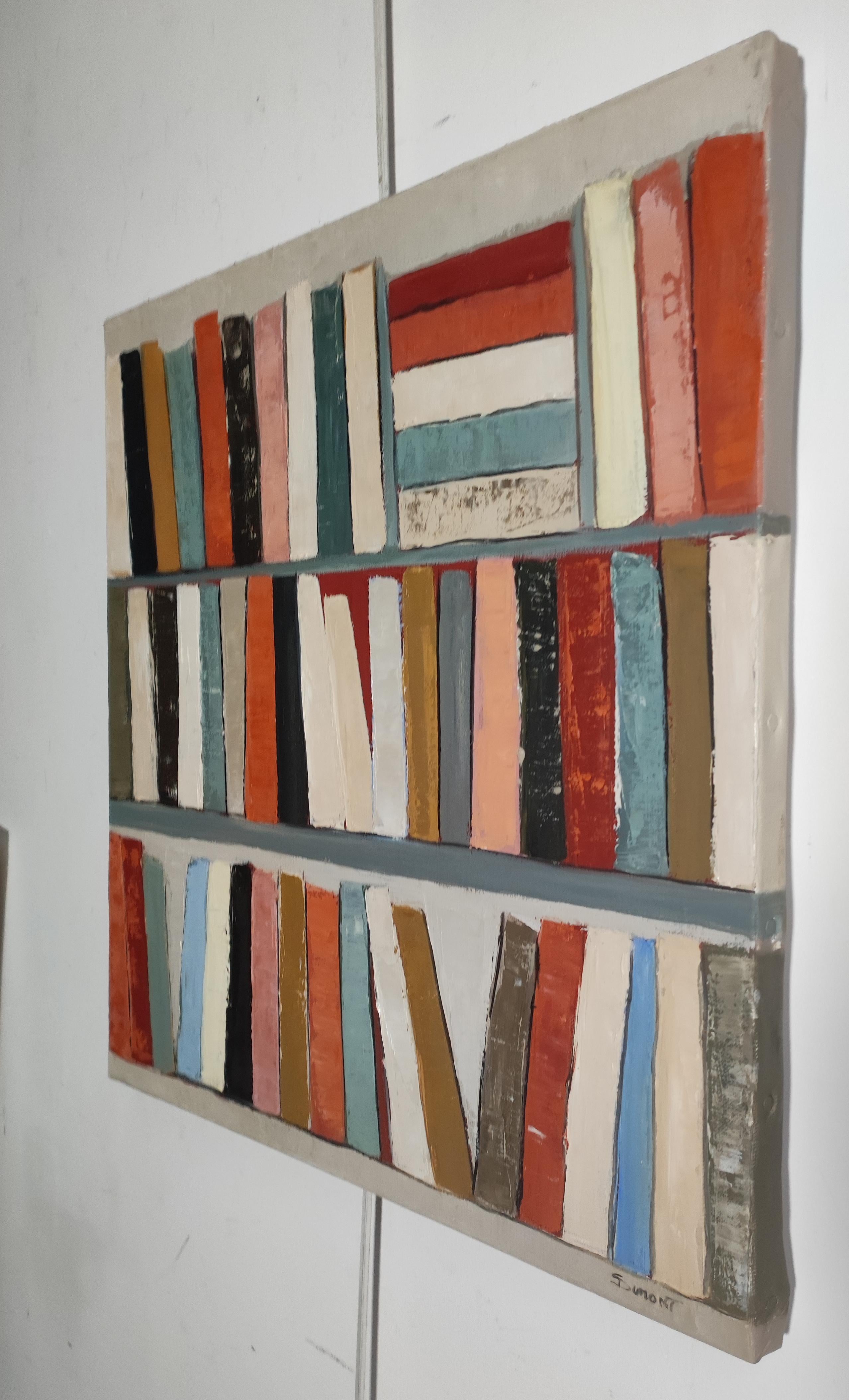 Ritmo de lectura, Biblioteca abstracta, pintura al óleo con textura, artista francés en venta 6
