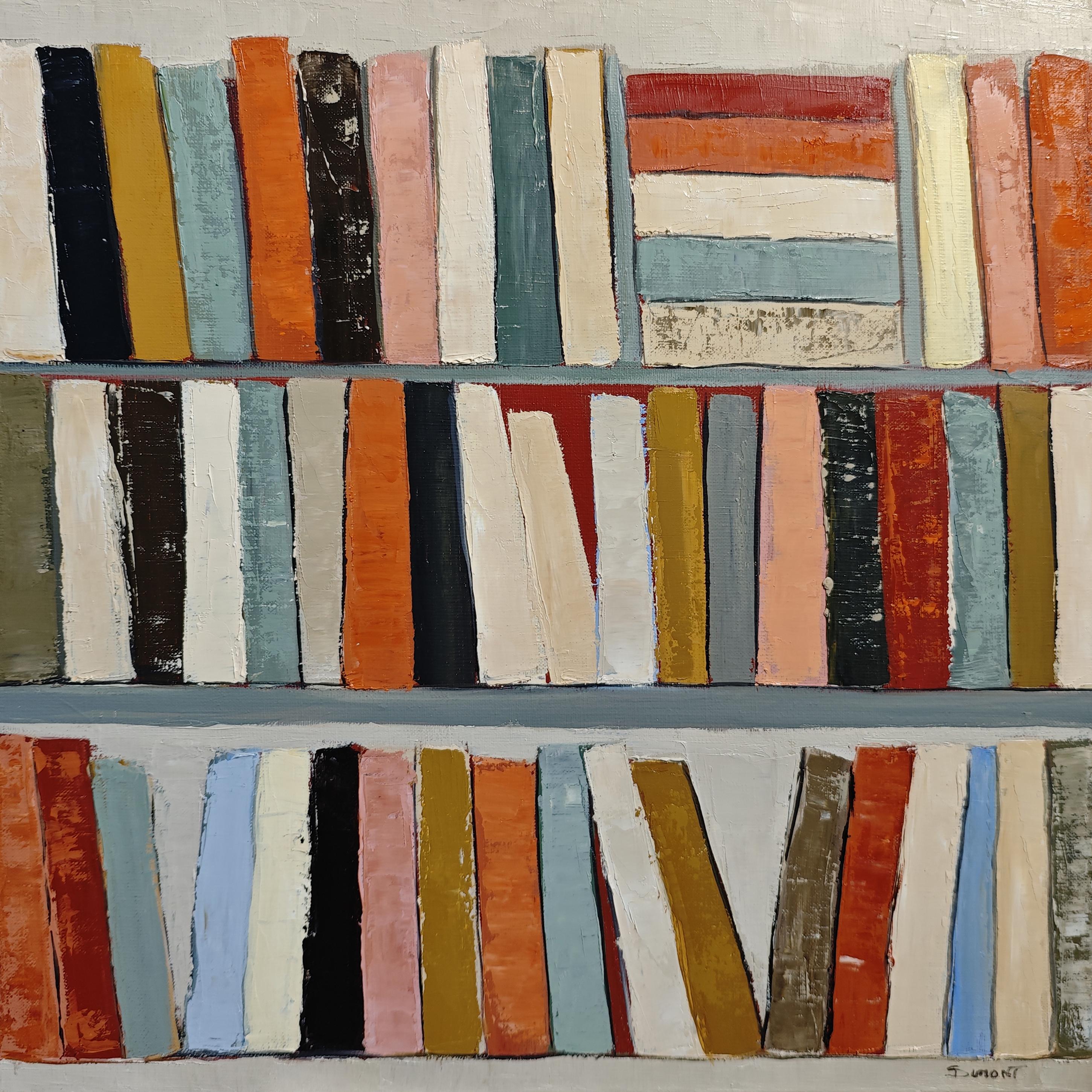 Ritmo de lectura, Biblioteca abstracta, pintura al óleo con textura, artista francés - Painting de SOPHIE DUMONT