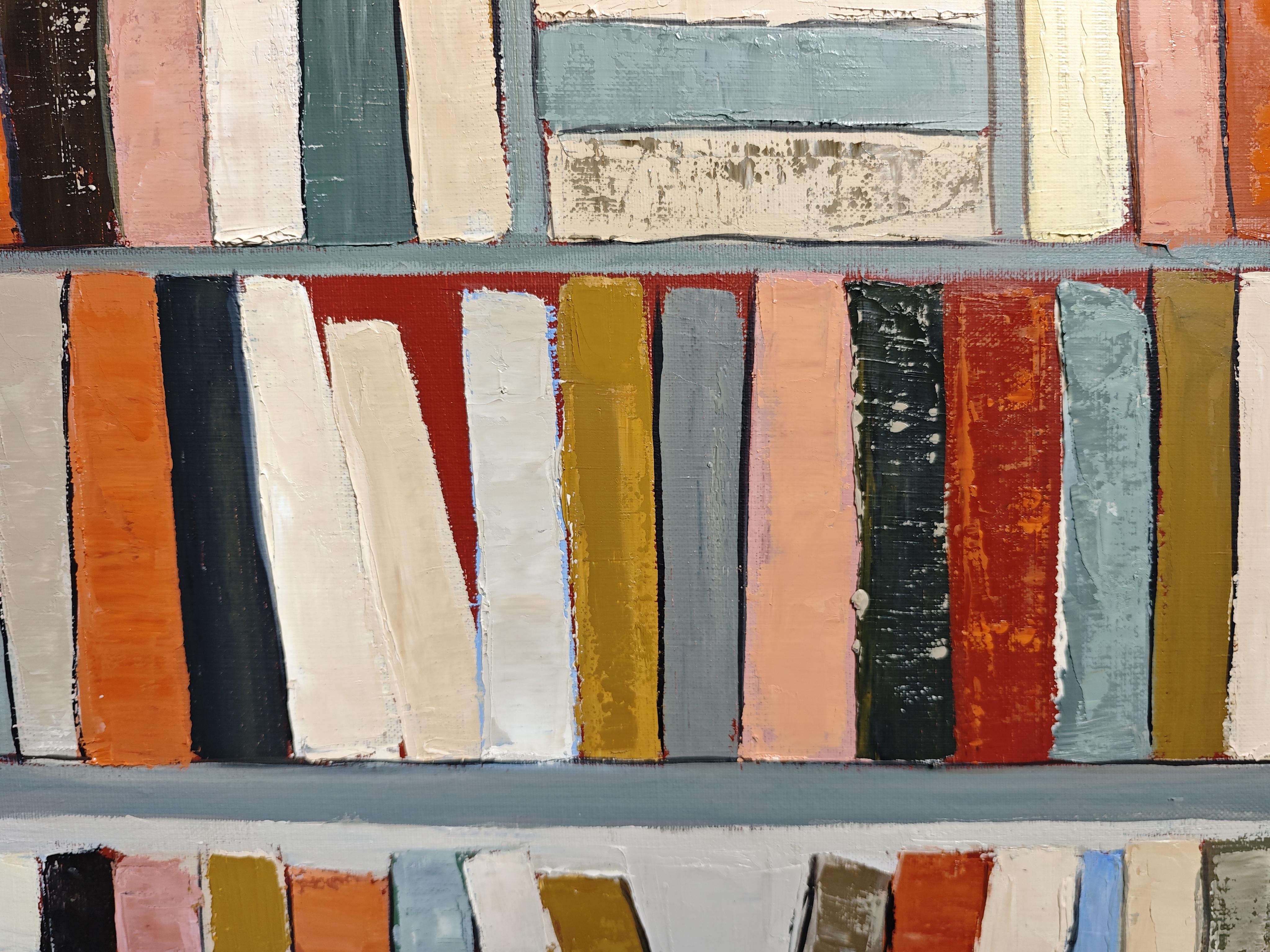 Ritmo de lectura, Biblioteca abstracta, pintura al óleo con textura, artista francés - Painting Contemporáneo de SOPHIE DUMONT