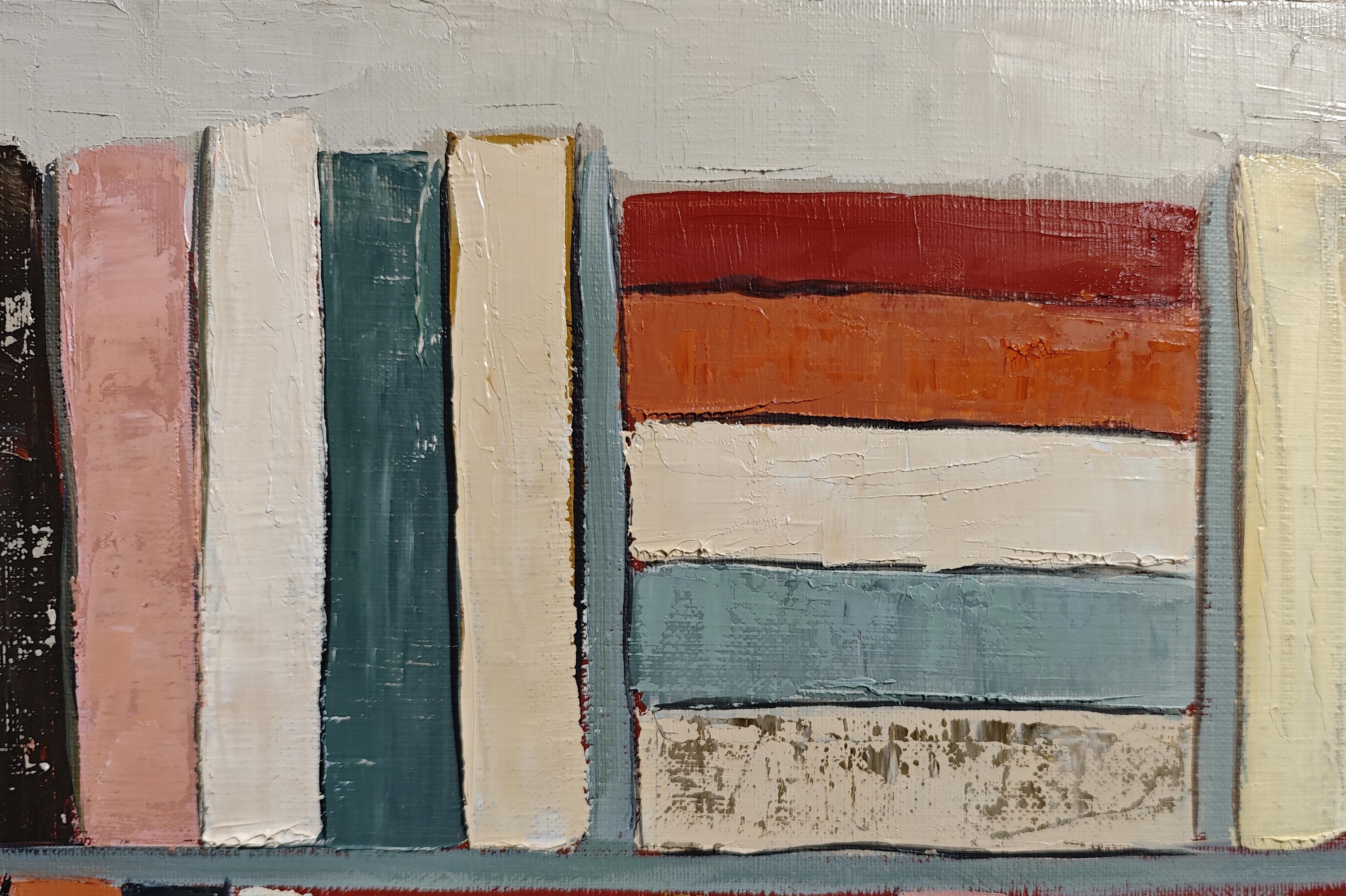 Ritmo de lectura, Biblioteca abstracta, pintura al óleo con textura, artista francés - Interior Painting Marrón de SOPHIE DUMONT