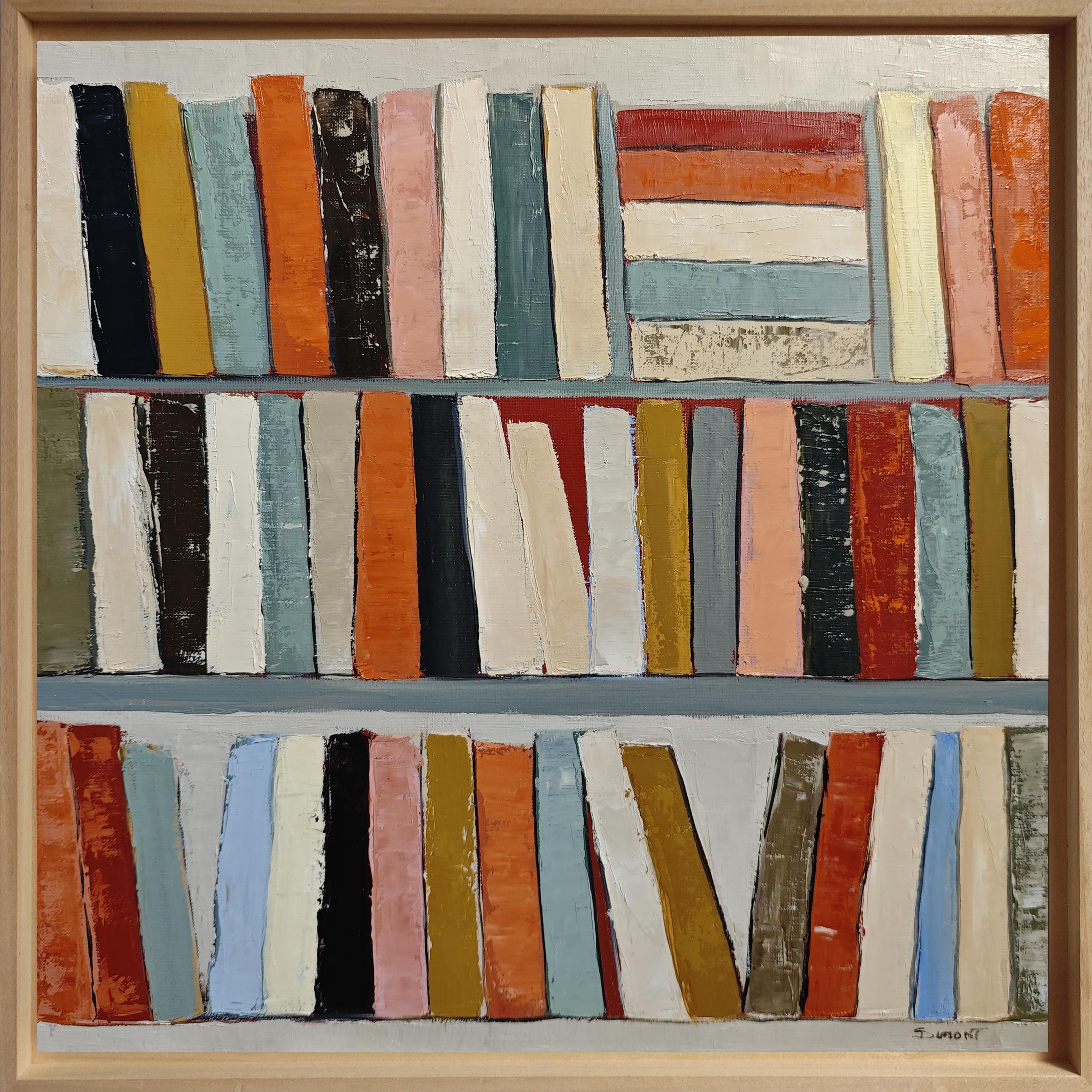 Rhythm of Reading, Abstract library, textured oil painting, French artist