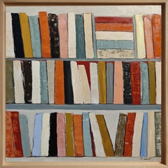 Rhythm of Reading, Abstract library, textured oil painting, French artist