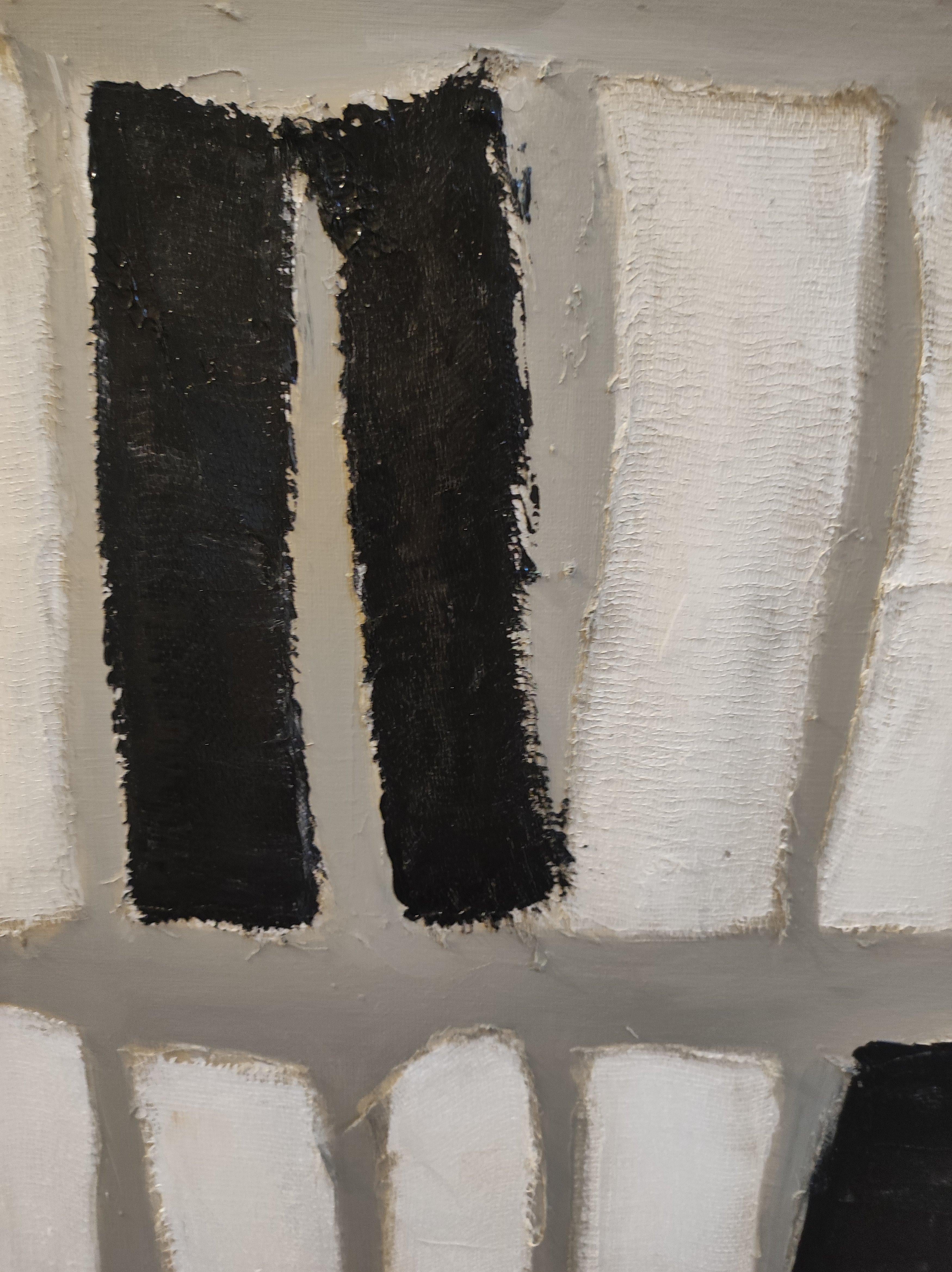 Lavorato in bianco e nero su uno sfondo grigio, ogni pezzo è realizzato con tessuto incollato e dipinto.
 Ritmo musicale, ogni pezzo di tessuto ci porta al successivo e l'occhio vaga sulla tela.
 Lo spettatore rimane libero dalla sua interpretazione
