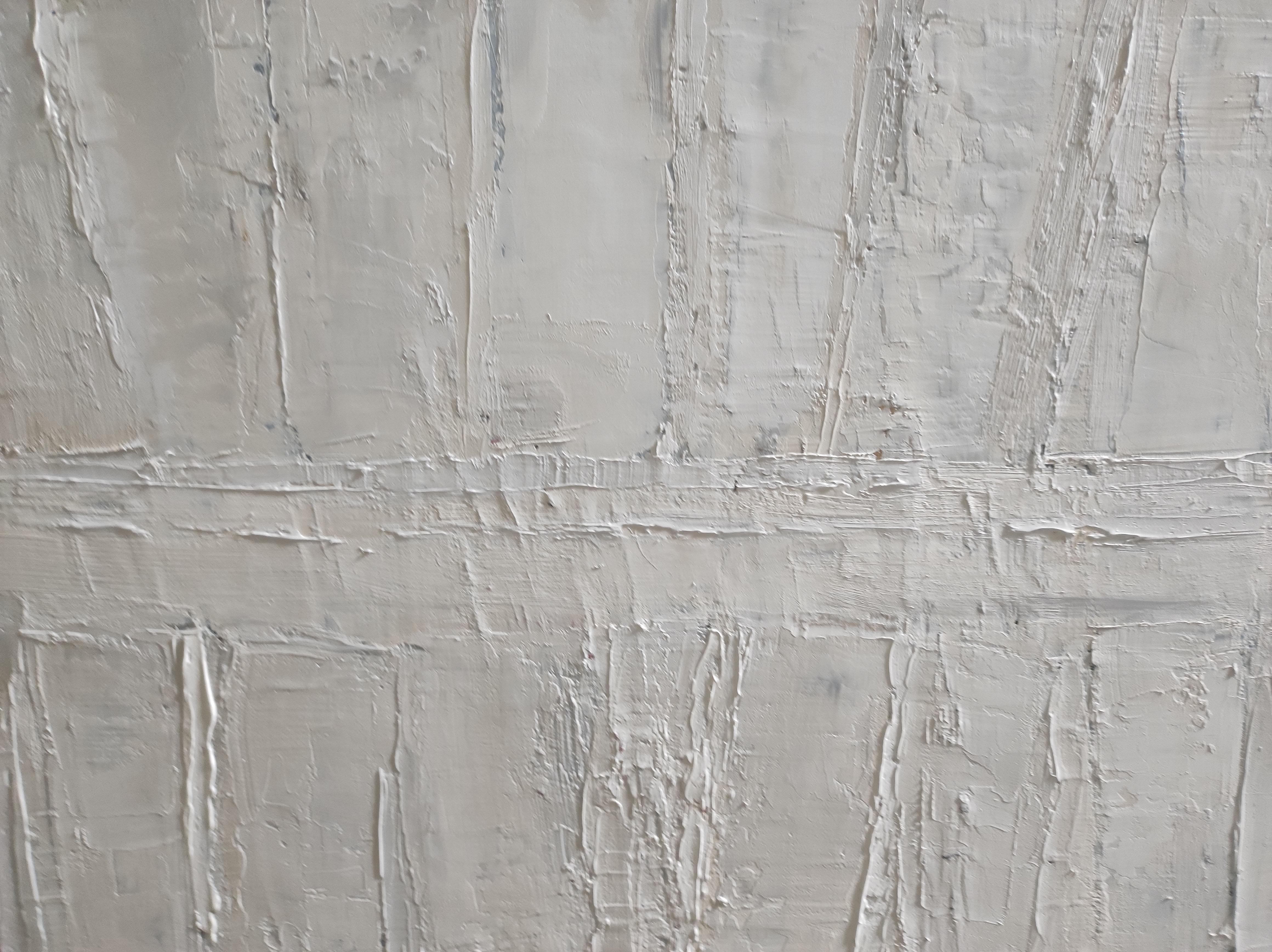 Abstraction of a bookcase in a shades of white treated like a stamping.
Oil on canvas worked with a knife with a multitude of layers bringing a beautiful texture and relief to the books.
Let the imagination work, the words have disappeared, only the