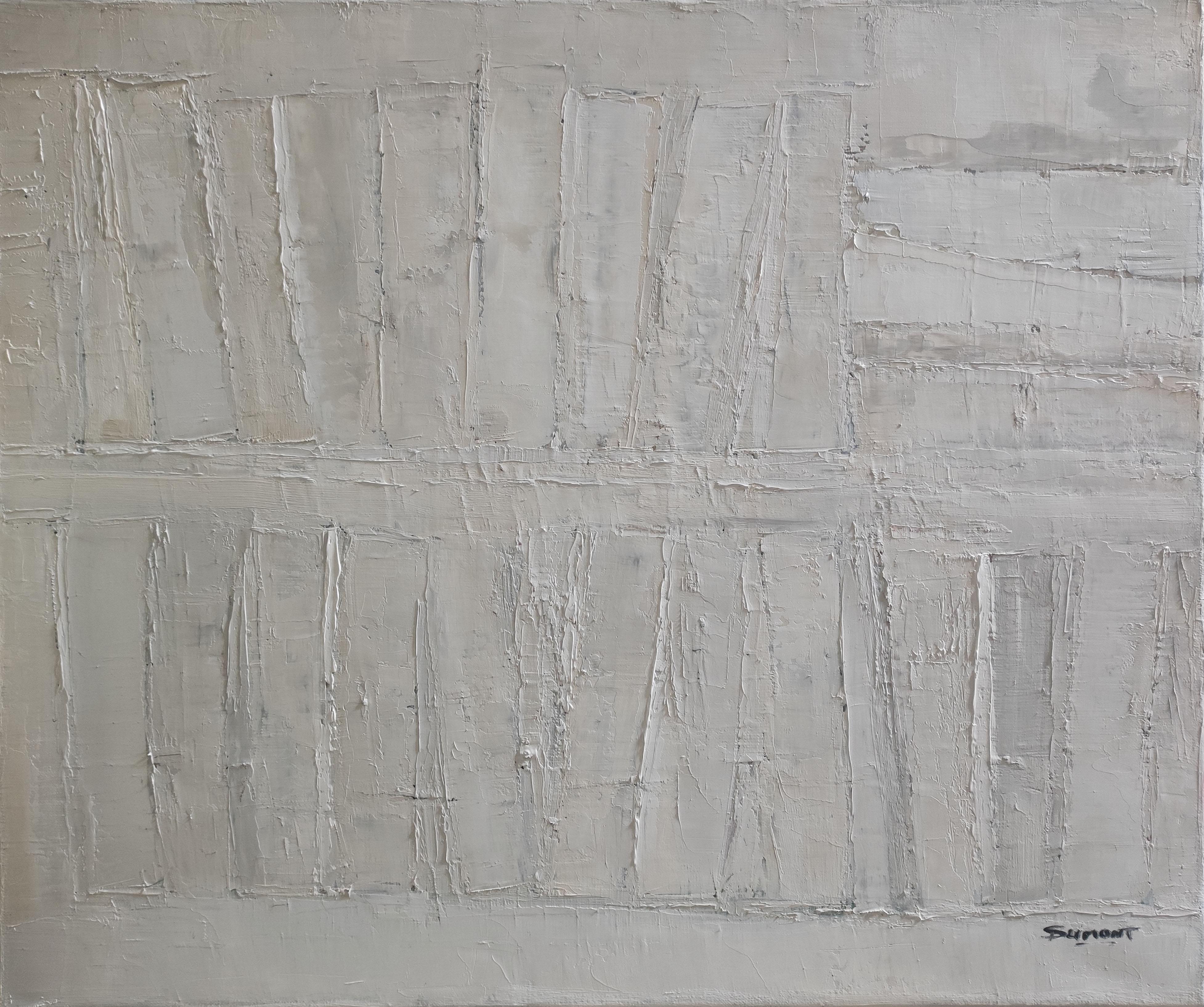 sans un mot, oil on canvas, white abstract , monochrome, minimalism, library  - Painting by SOPHIE DUMONT