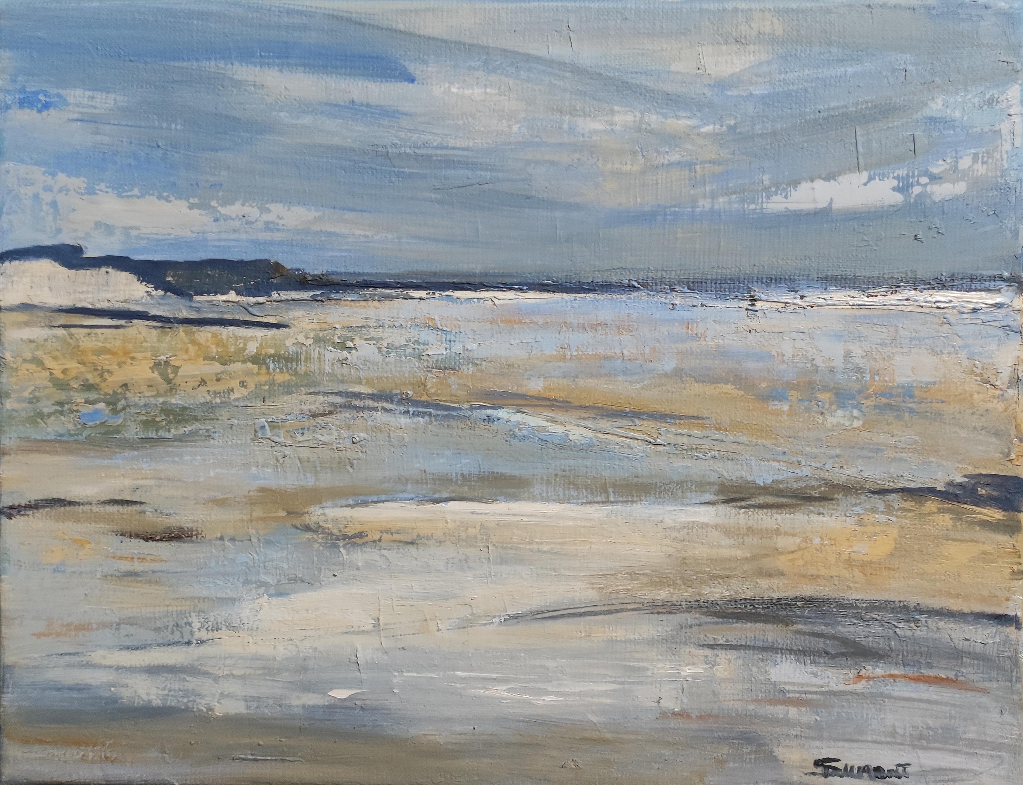 norman beach, blue seaside, abstract, oil on canvas, sky, expressionism, beach - Painting by SOPHIE DUMONT