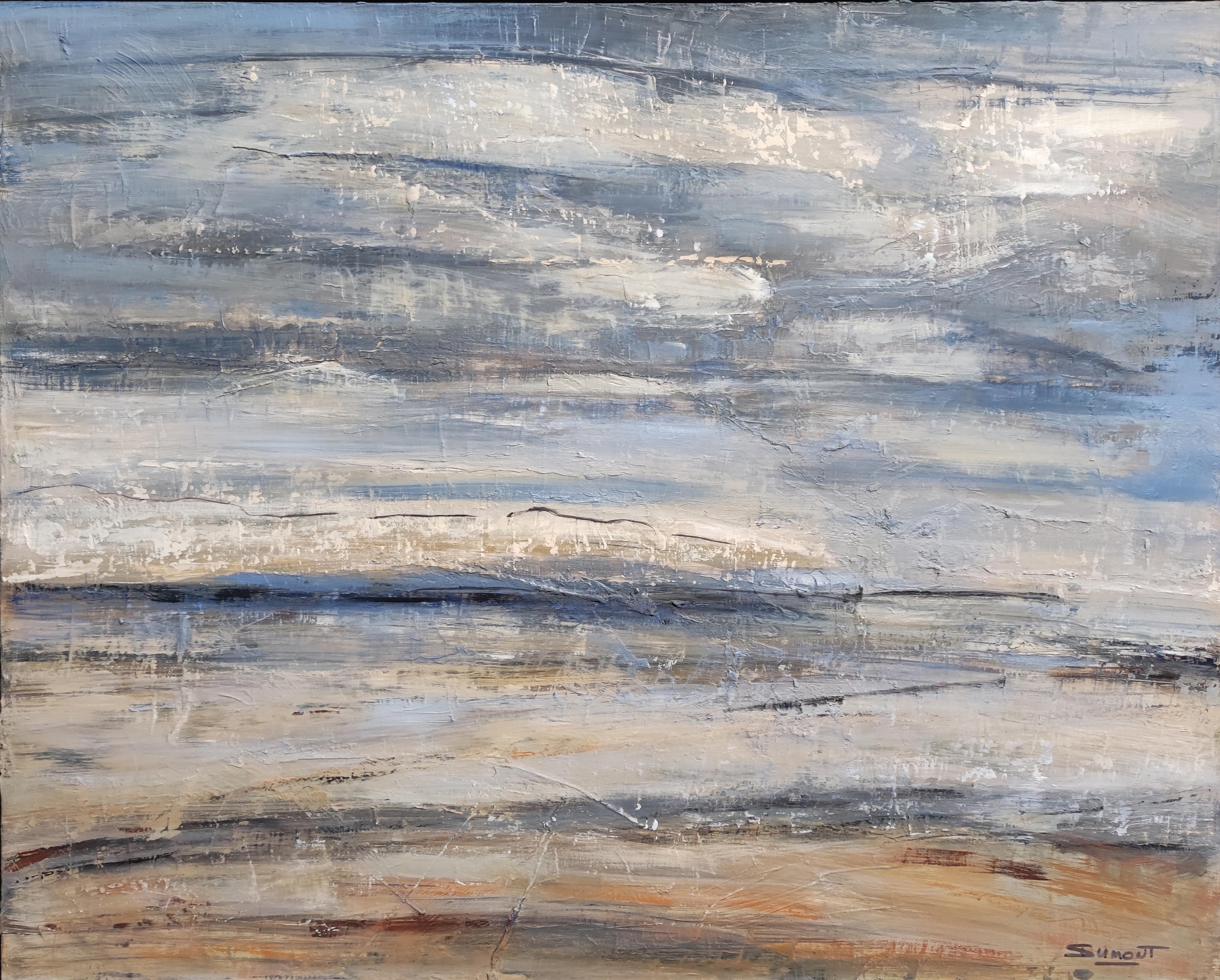 Seascape, Blue Seaside, Oil on canvas, Sky, Impressionism Abstract Expressionism - Painting by SOPHIE DUMONT