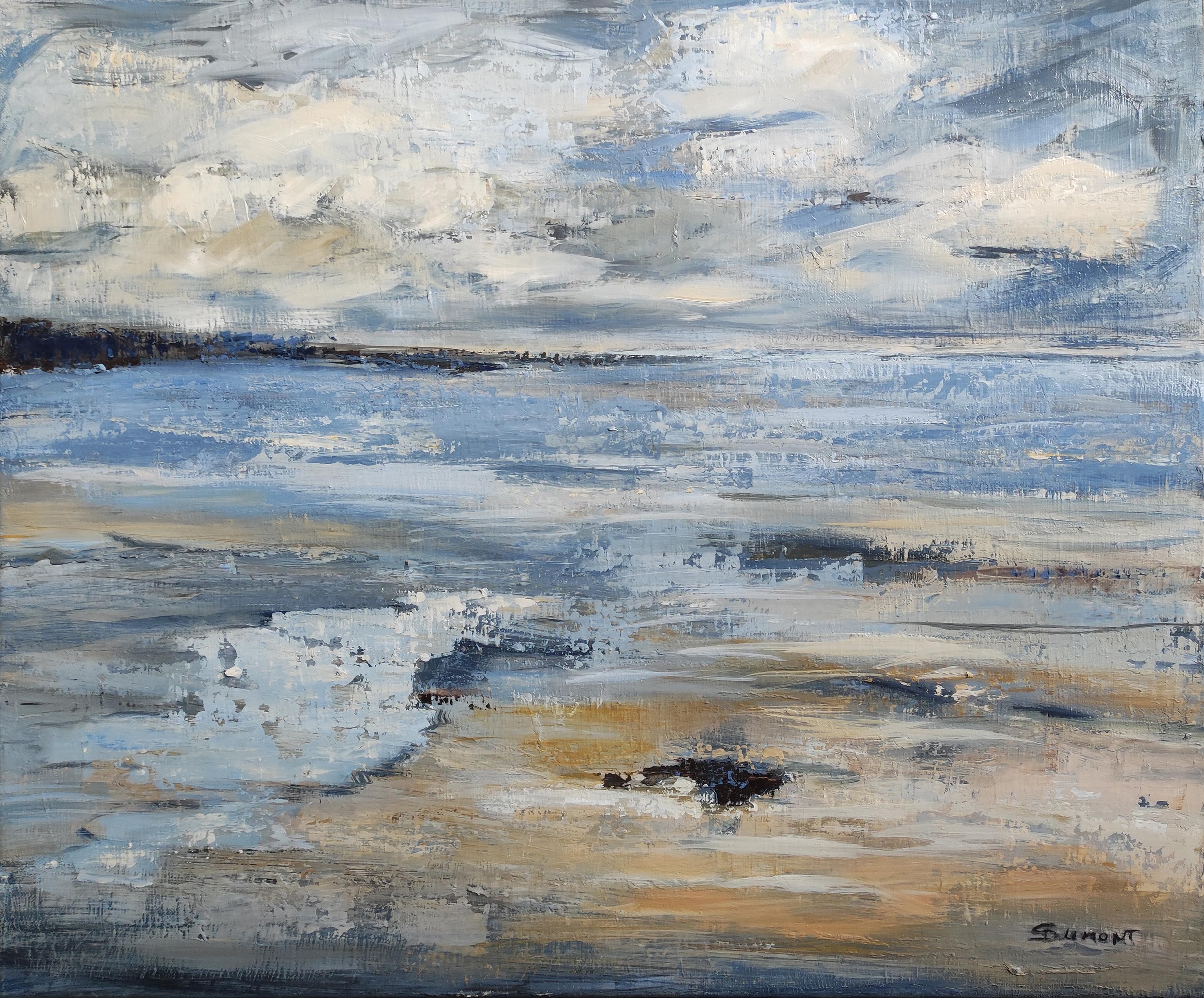seascape, blue seaside, semi abstract, oil on canvas, sky, expressionism - Painting by SOPHIE DUMONT