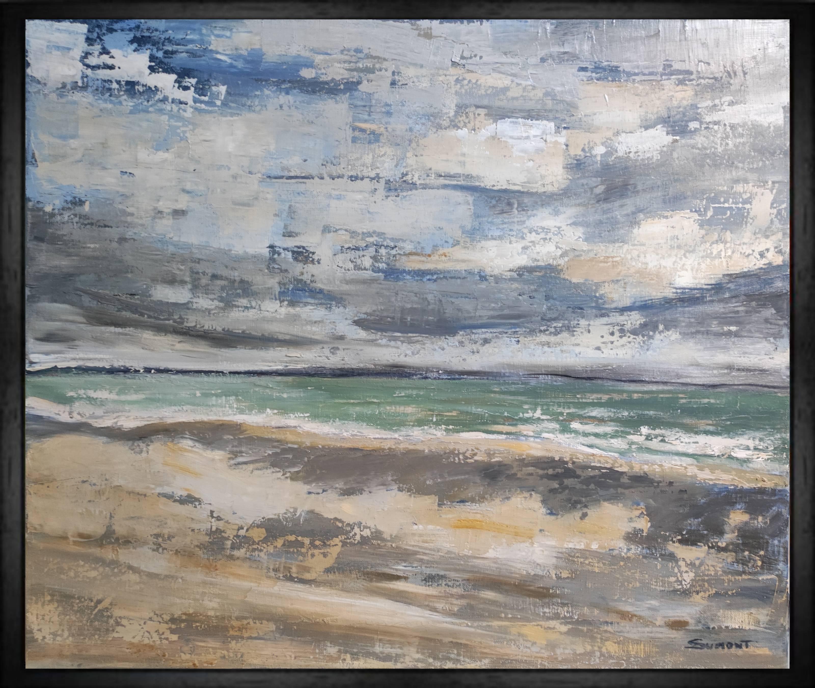 SOPHIE DUMONT Abstract Painting - seascape, blue seaside, semi abstract, oil on canvas, sky, expressionism