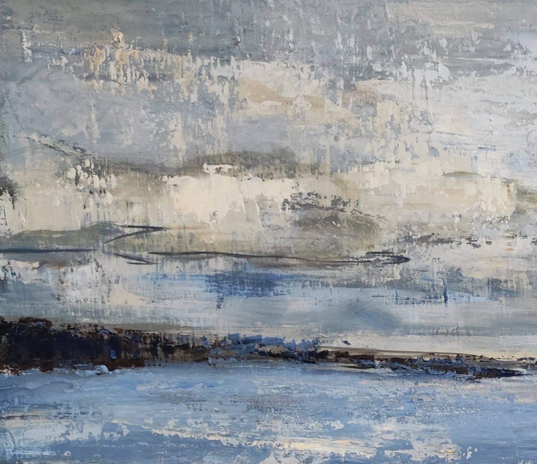 paysage marin, bord de mer bleu, semi abstrait, huile sur toile, ciel, expressionnisme en vente 2