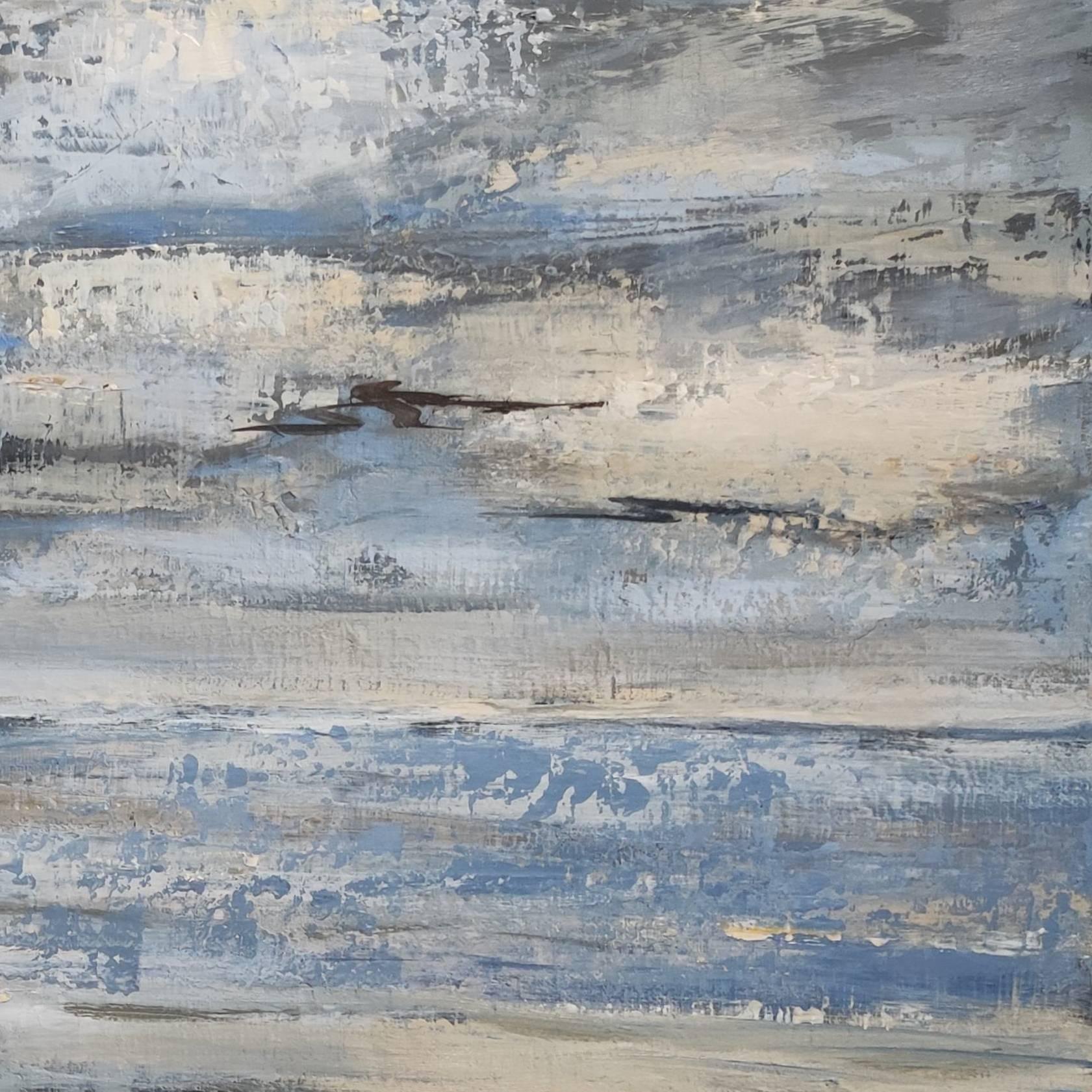 paysage marin, bord de mer bleu, semi abstrait, huile sur toile, ciel, expressionnisme en vente 3