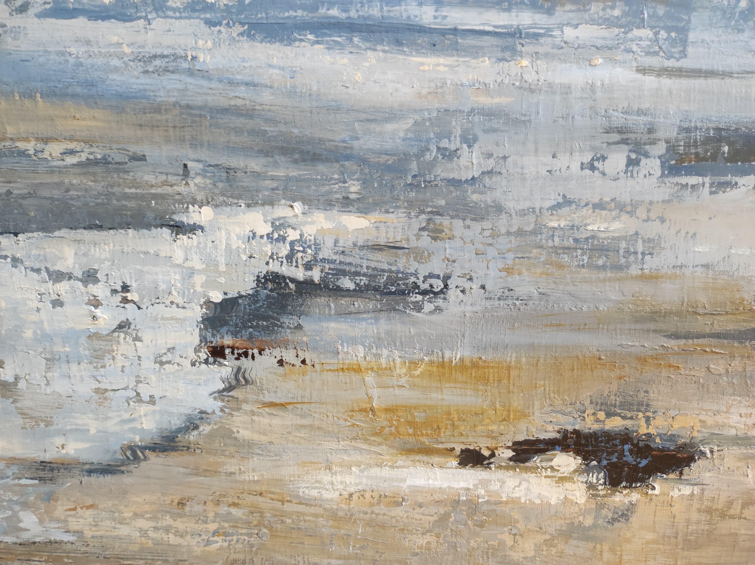 paysage marin, bord de mer bleu, semi abstrait, huile sur toile, ciel, expressionnisme en vente 4