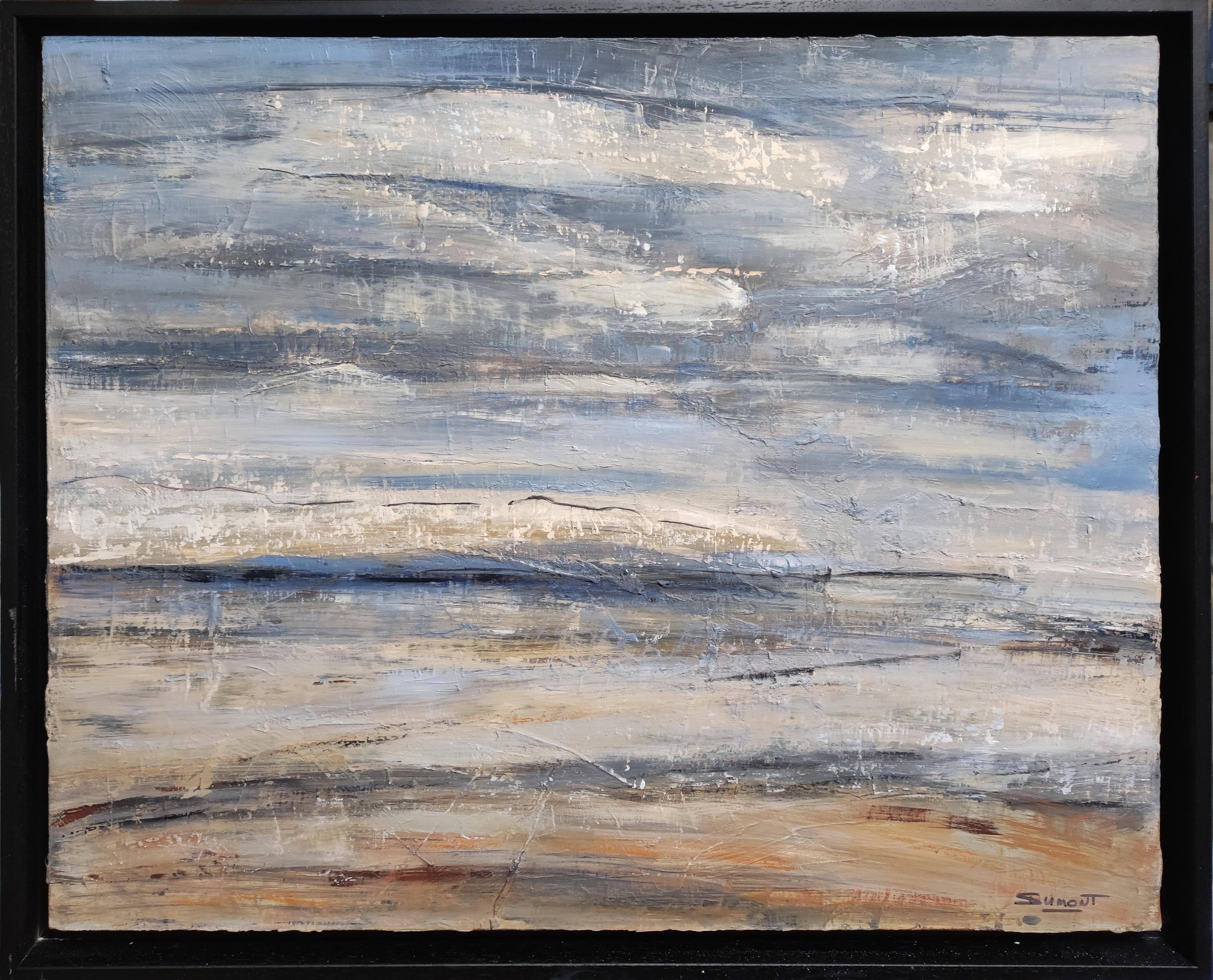 SOPHIE DUMONT Landscape Painting - seascape, blue seaside, semi abstract, oil on canvas, sky, expressionism