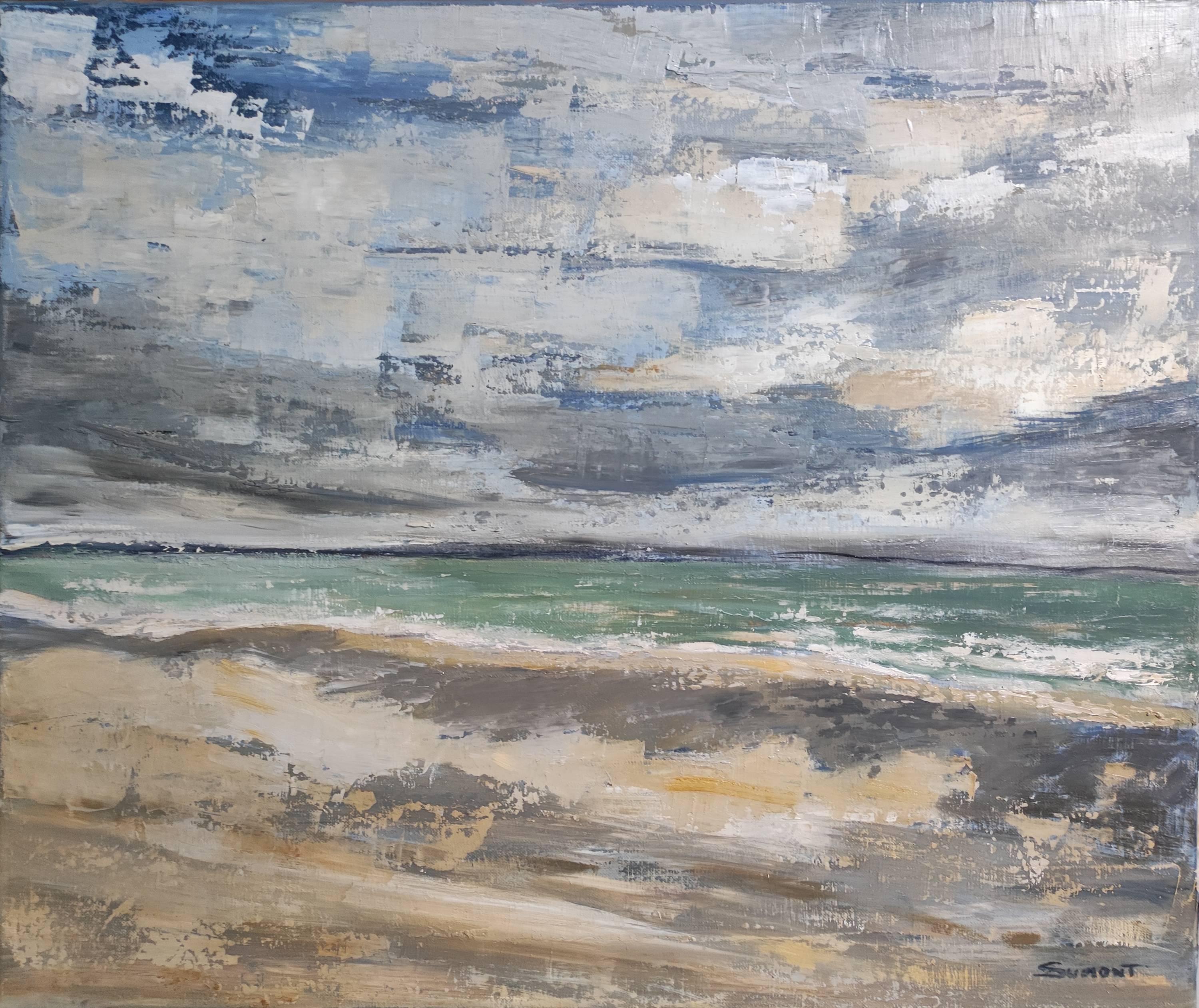 seascape, blue seaside, semi abstract, oil on canvas, sky, expressionism - Painting by SOPHIE DUMONT
