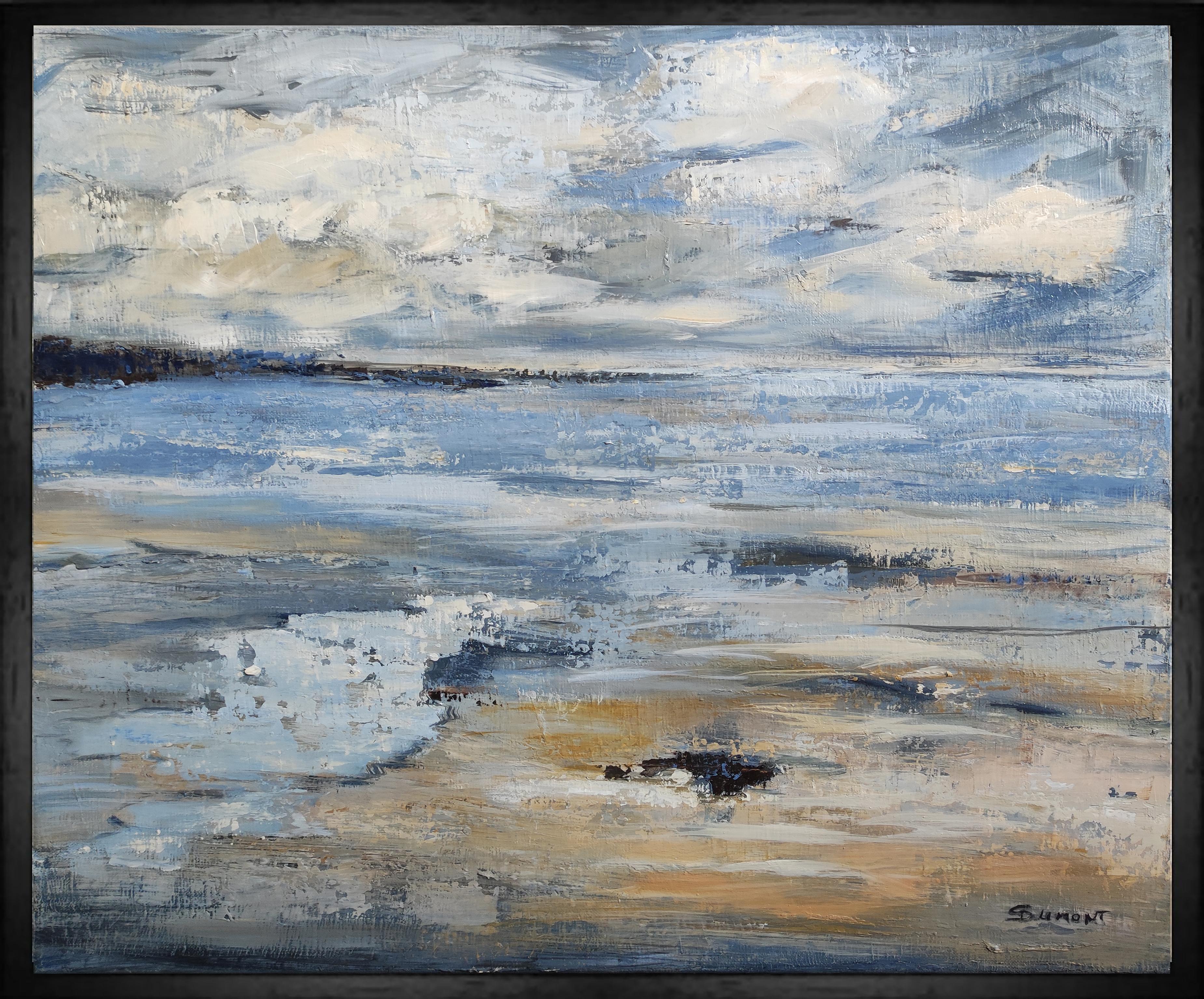 seascape, blue seaside, semi abstract, oil on canvas, sky, expressionism