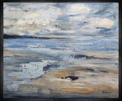 paysage marin, bord de mer bleu, semi abstrait, huile sur toile, ciel, expressionnisme