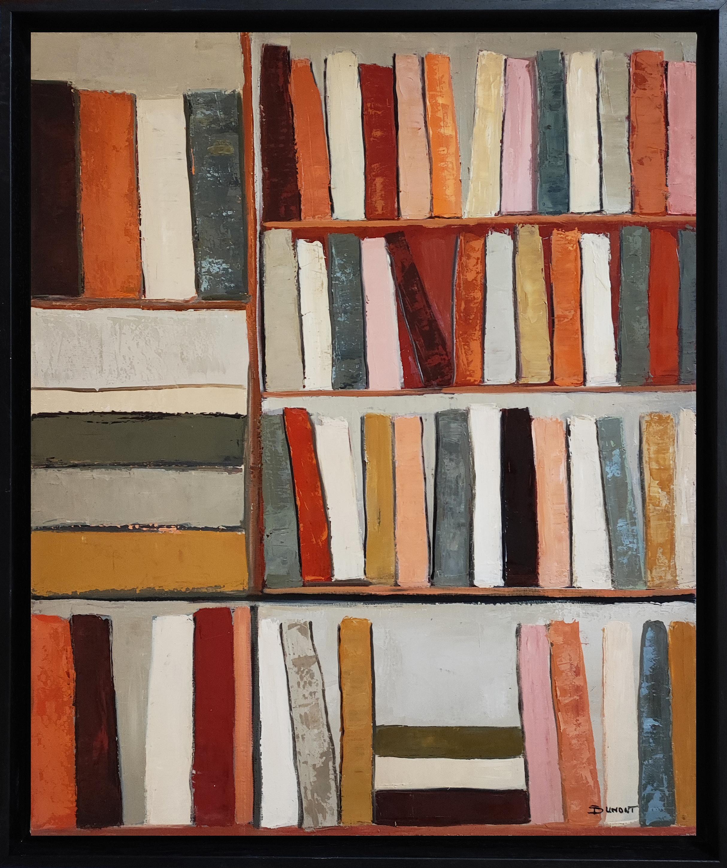 Bibliothèque sépia, peinture à l'huile contemporaine, bibliothèque abstraite texturée, tons chauds en vente 8
