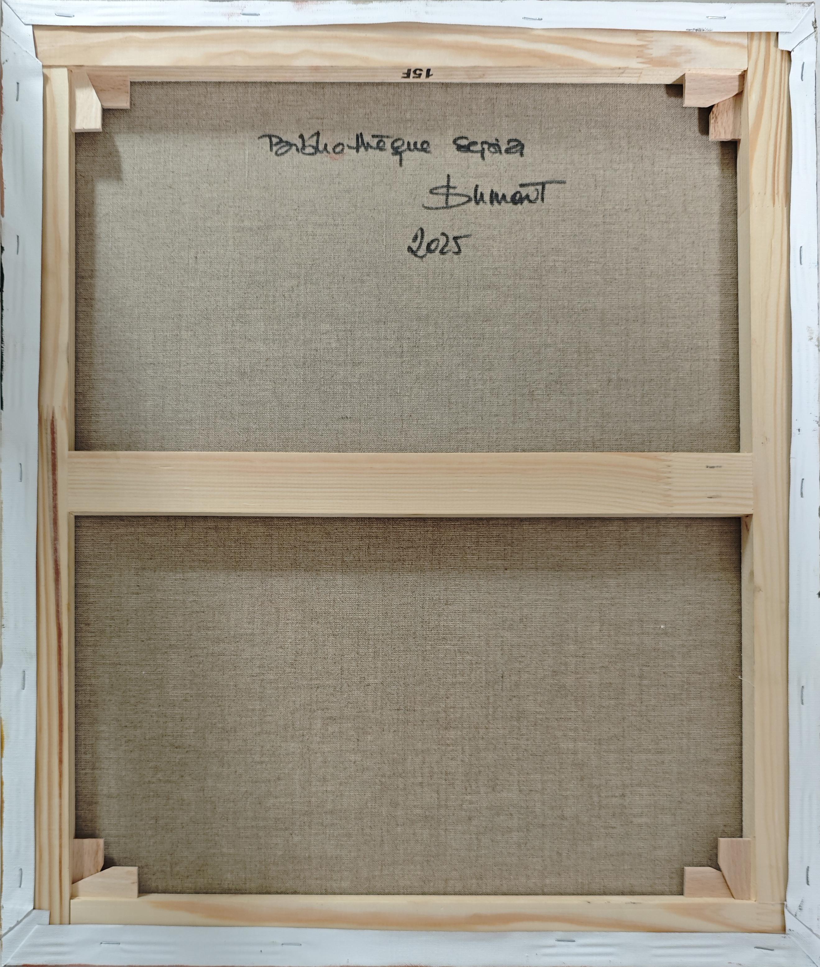 Bibliothèque sépia, peinture à l'huile contemporaine, bibliothèque abstraite texturée, tons chauds en vente 9