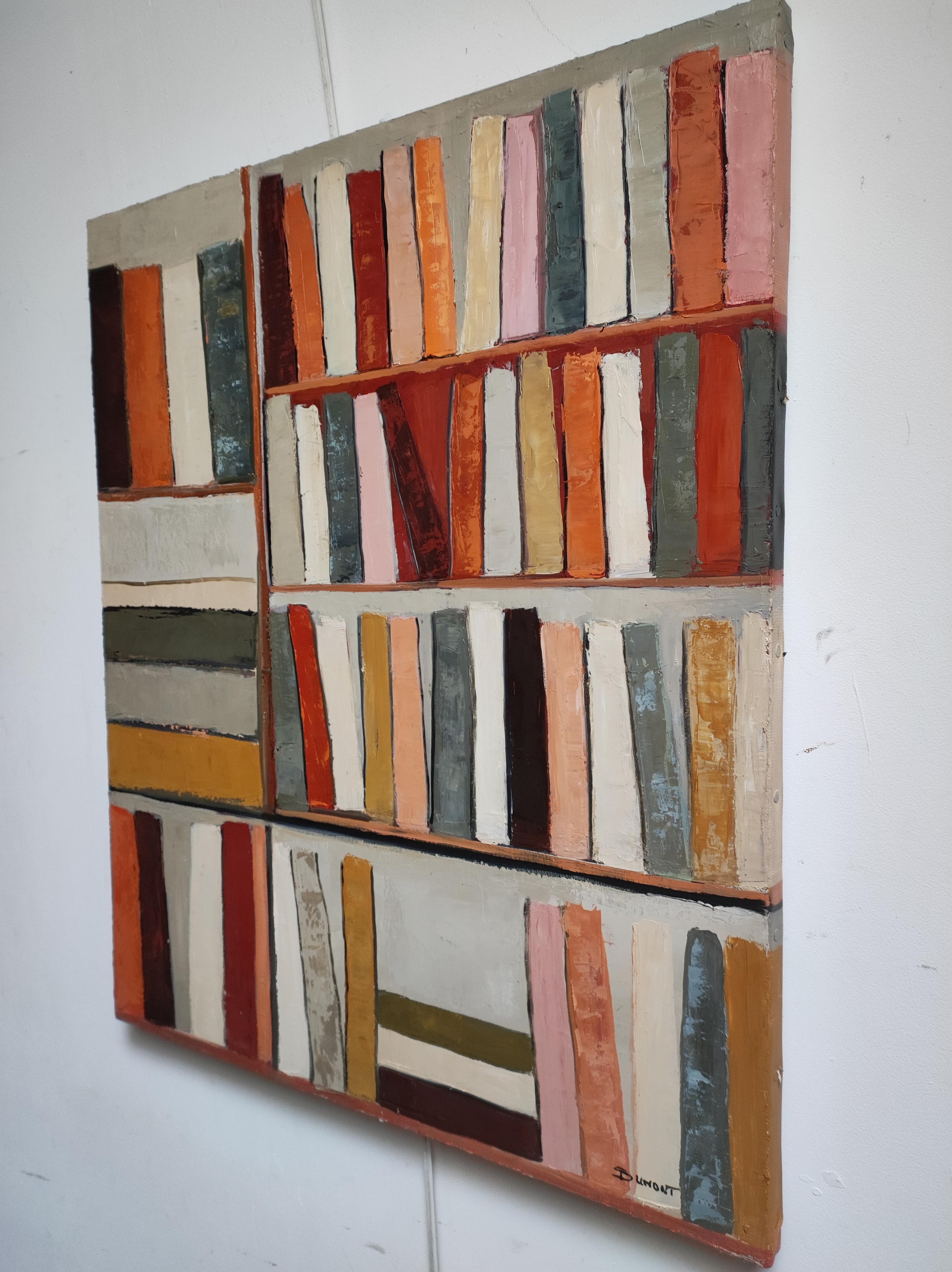 Sepia Library, Contemporary oil painting, Textured Abstract Library, warm tones - Painting by SOPHIE DUMONT