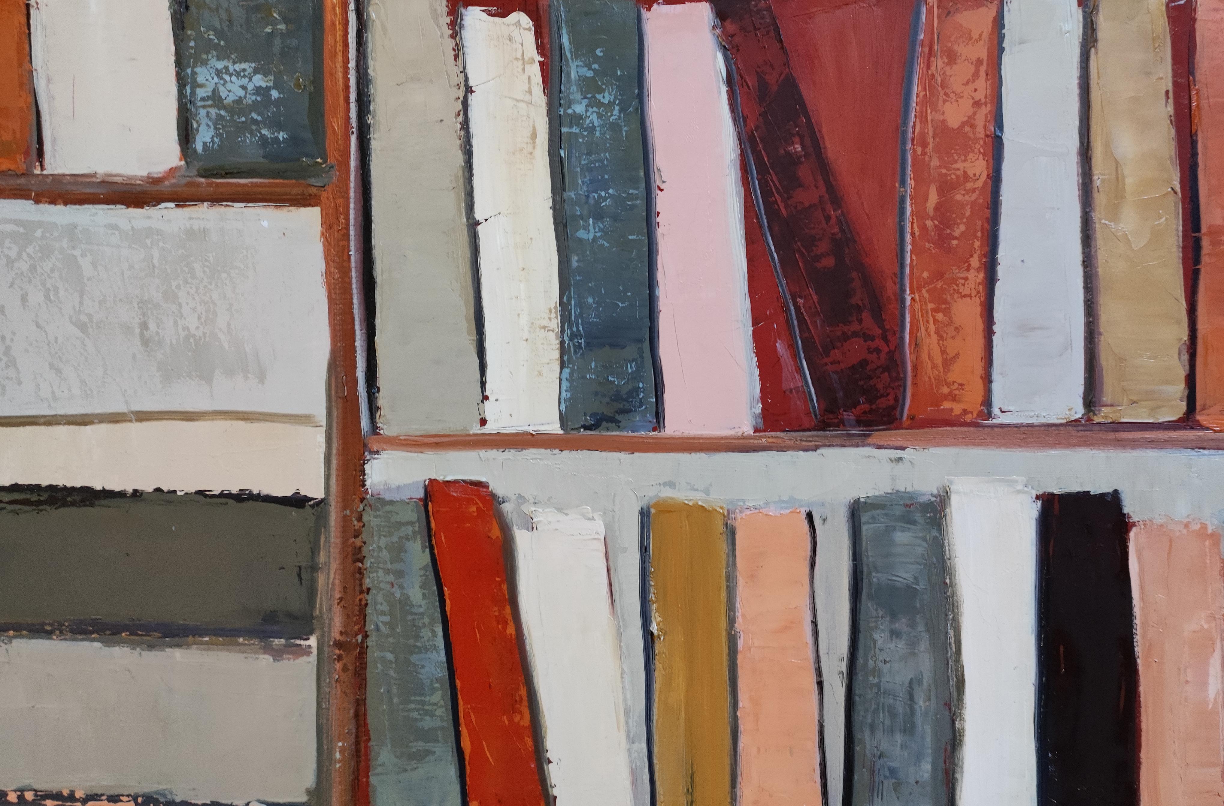 Bibliothèque Sépia (Sepia Library) exemplifies Sophie Dumont’s celebrated series of abstract libraries — compositions that merge geometry, color, and reflection. In this piece, the artist builds three structured rows of painted books, rendered in
