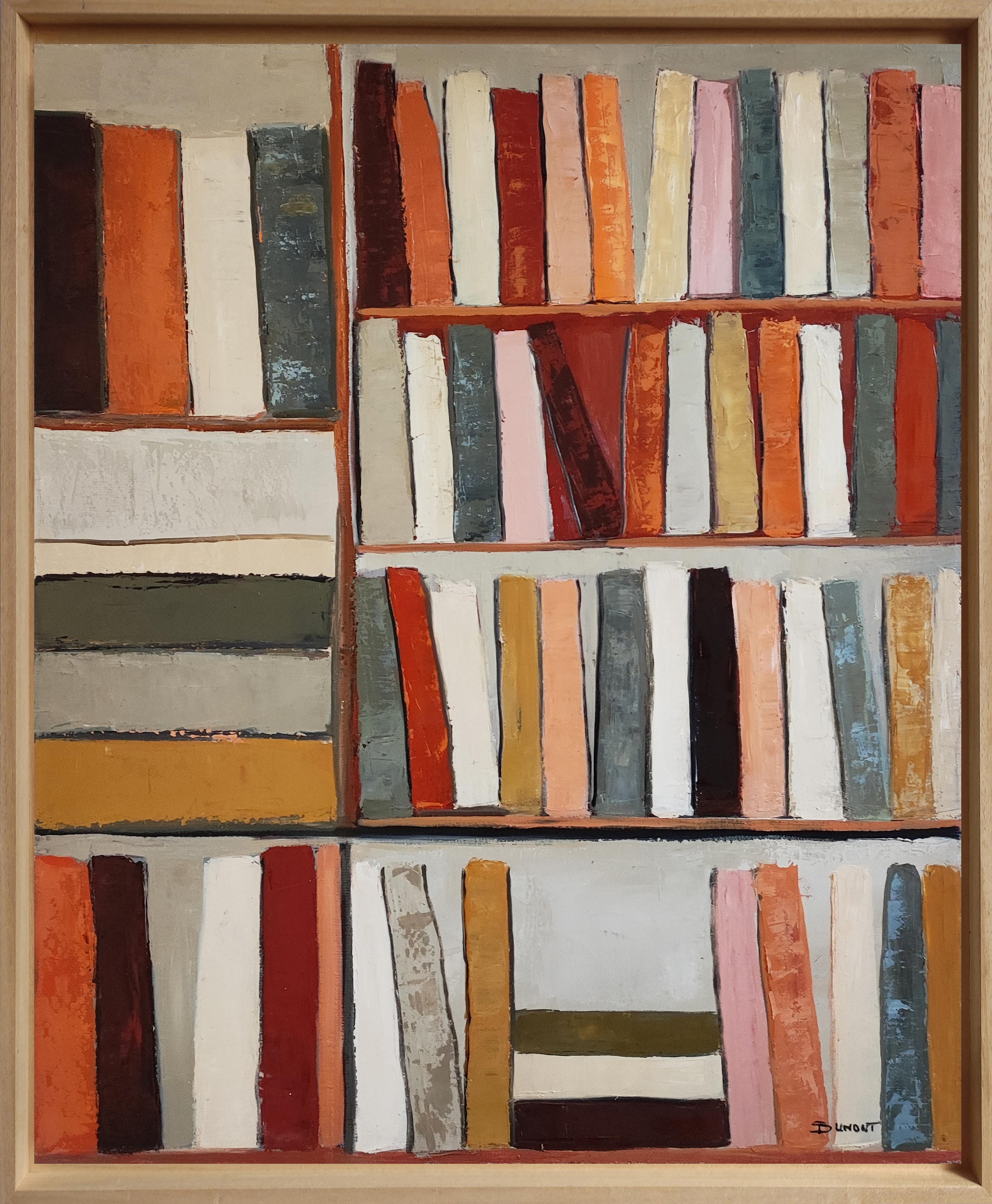 Biblioteca seppia, Pittura a olio contemporanea, Biblioteca astratta strutturata, toni caldi
